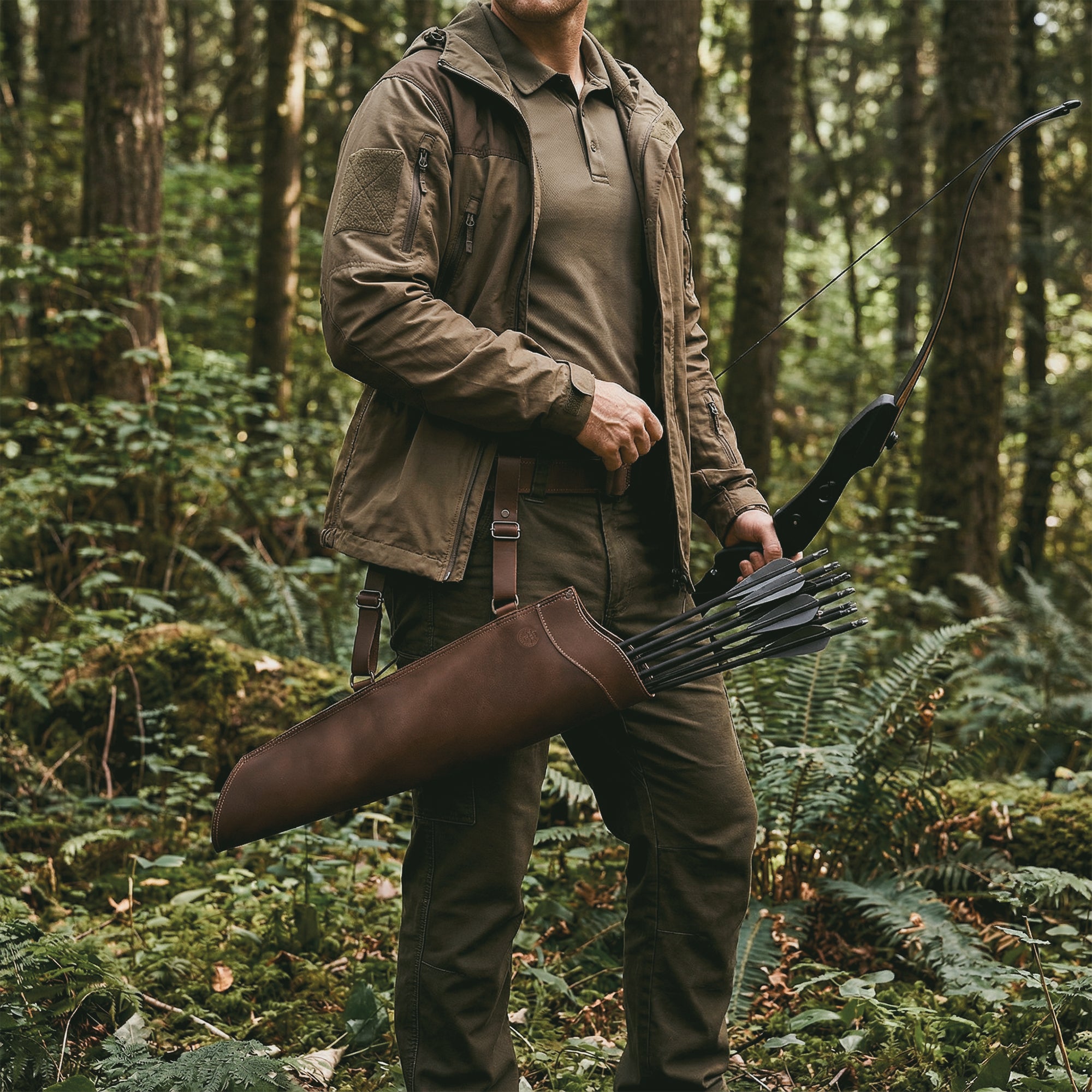 Model using The Yeoman, Sling Arrow Quiver in a forested setting, demonstrating its practical use and stylish design. Made by Valhalla Gear, this handcrafted quiver is made of full grain leather and features artisan craftsmanship, showcasing hand-cut, hand-sewn, and fire branded details, handmade in La Antigua Guatemala & Oaxaca Mexico.