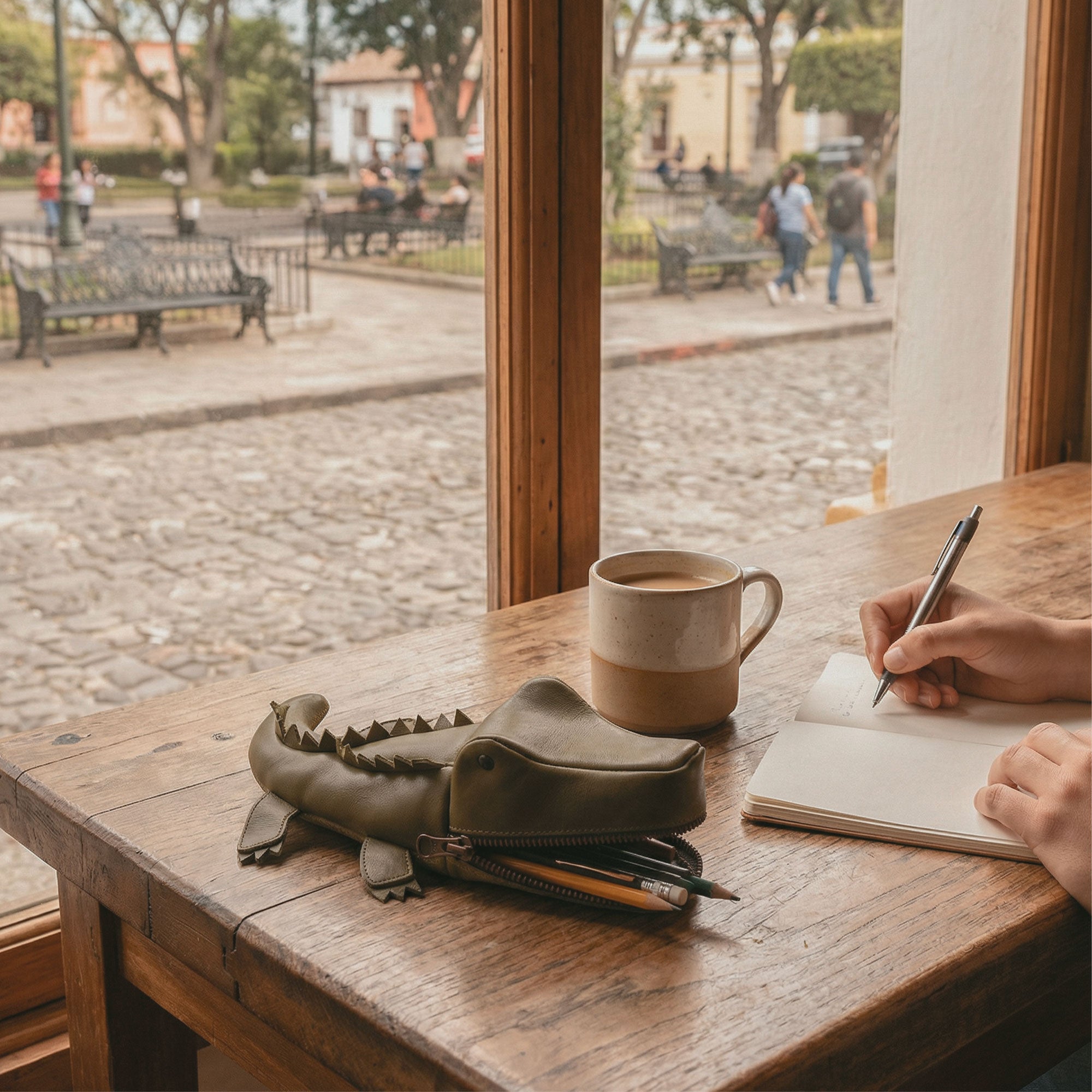 Gator Leather Pouch by Tudi Frudi, set on a wooden table, highlighting its use as a functional travel zippered pouch. This versatile crocodile-shaped pencil pouch is handmade from full grain leather, showcasing the artisan craftsmanship from La Antigua Guatemala & Oaxaca Mexico.