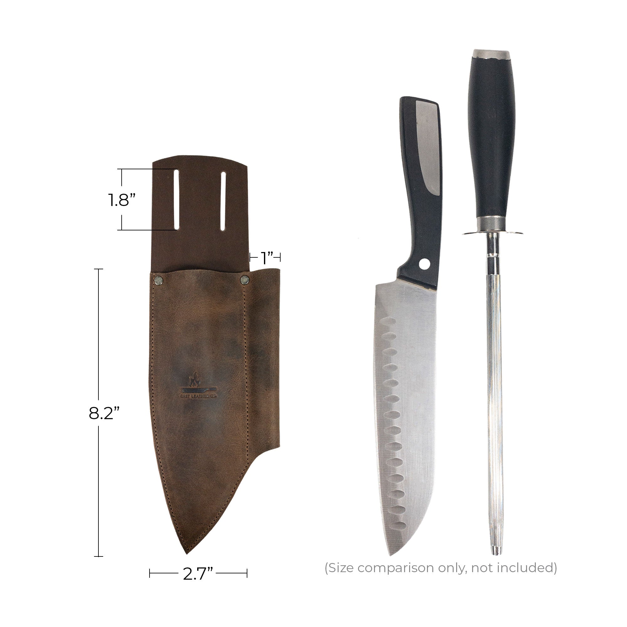 Knife Sheath with Sharpener Slot by Cast Leather Co., includes a size comparison with a chef knife and sharpener. This versatile knife holster for belt is crafted from durable full grain leather while reflecting small batch production and artisan methods from La Antigua Guatemala.