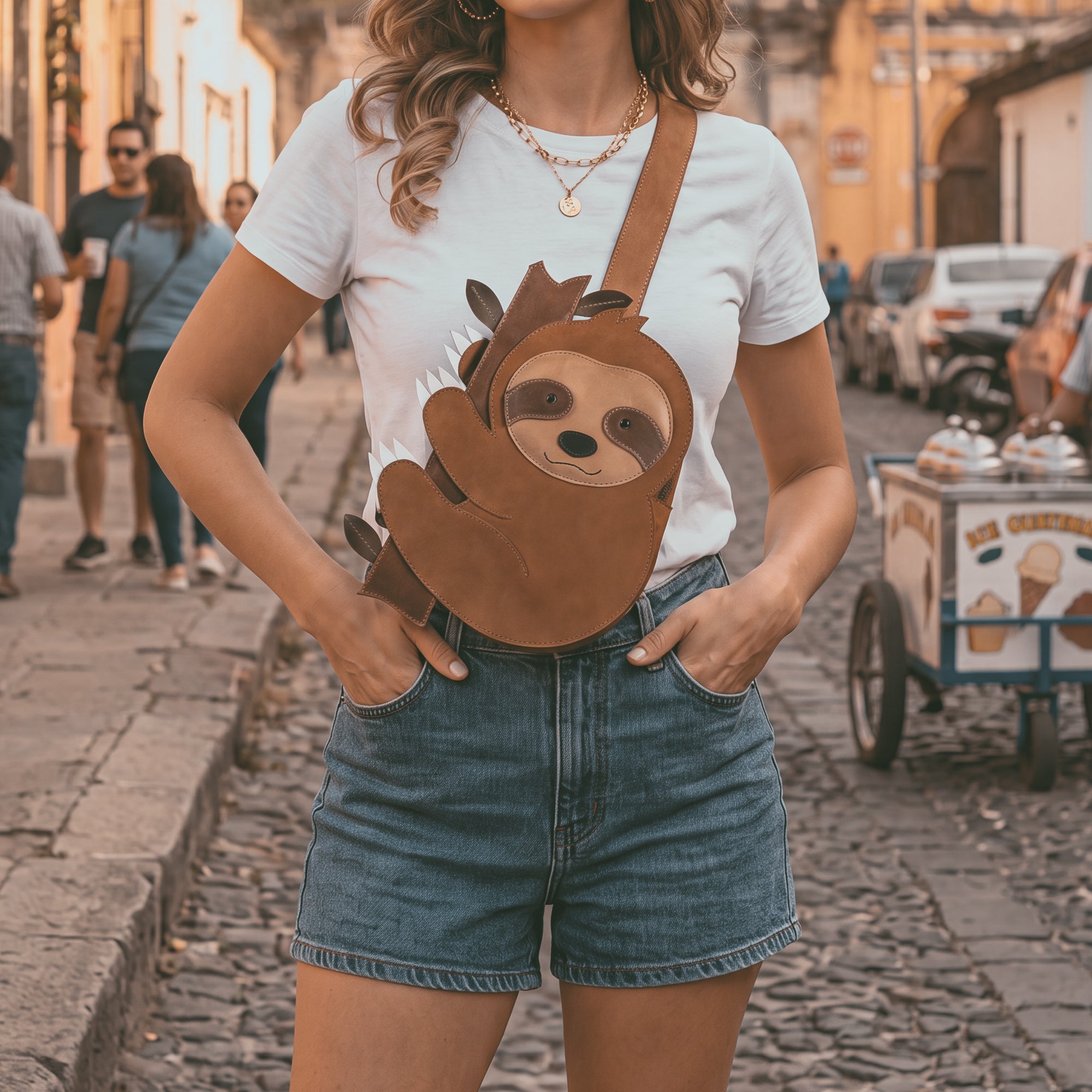 Lifestyle image of a model wearing the Leather Sloth Crossbody Bag by Tudi Frudi, demonstrating its fashionable look in a casual setting. This delightful Sloth Crossbody Bag with Adjustable Shoulder Strap is perfect for social outings, showcasing its appeal as a Messenger Bag or travel accessory, hand cut and hand sewn from Full Grain Leather in Small Batch Production in La Antigua Guatemala & Oaxaca Mexico.