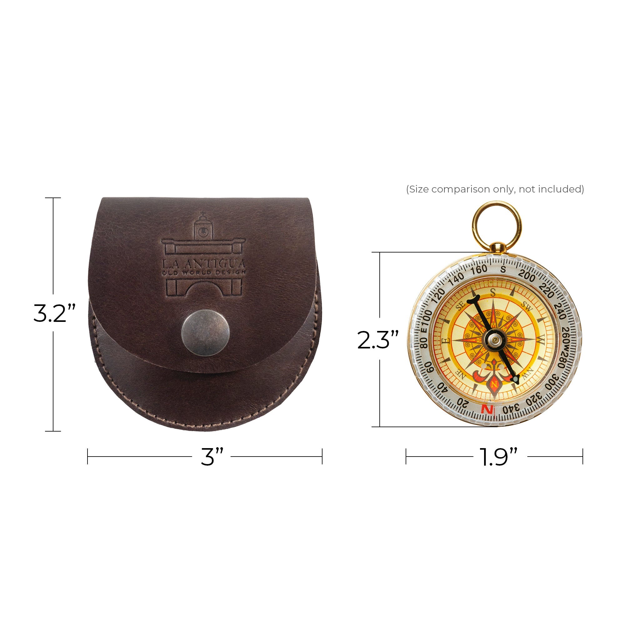 Size comparison of the La Antigua Compass Case alongside a compass, emphasizing its dimensions. This classic pouch and protective bag for outdoor accessories is crafted from full grain leather through small batch production by artisans in La Antigua Guatemala & Oaxaca Mexico.