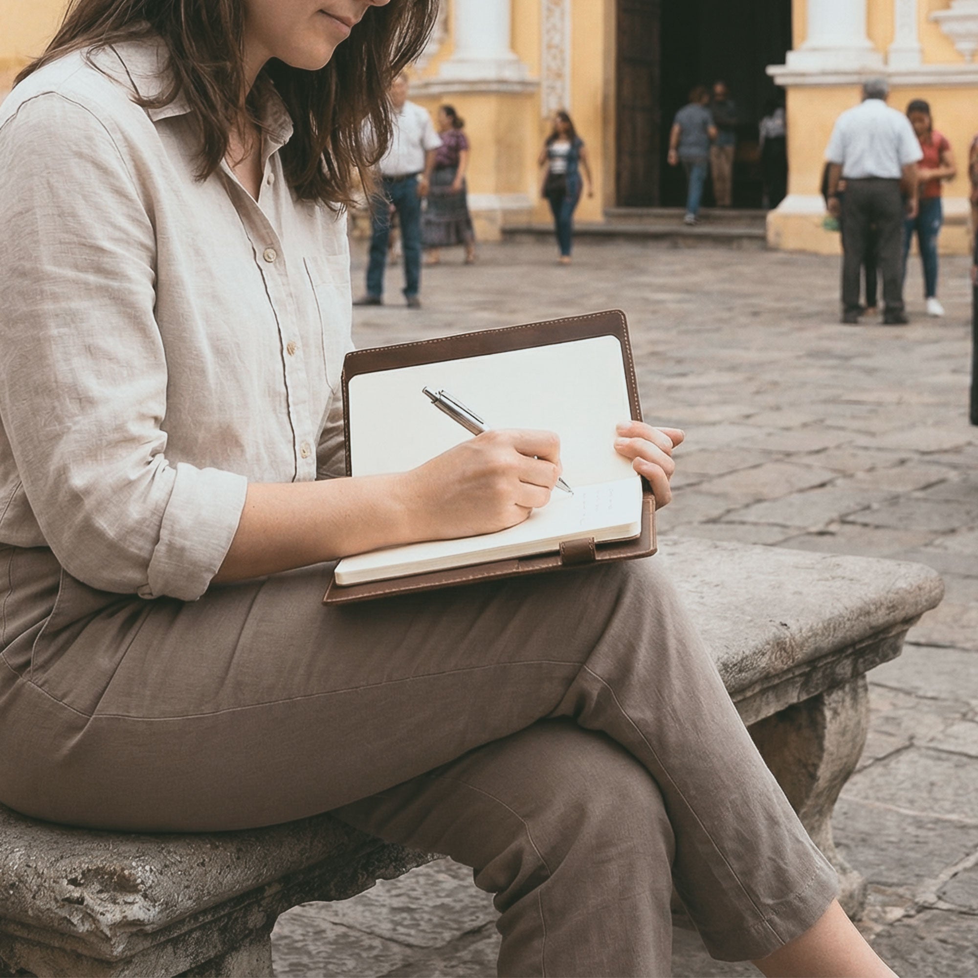 Individual using the Cover for Leuchtturm1917 Classic Notebook Hard Cover B6+ Size (125 x 190 mm) by Hide & Drink, writing in a Journal Case made from premium Full Grain Leather, reflecting the unique qualities of Artisan craftsmanship in La Antigua Guatemala and Oaxaca Mexico.