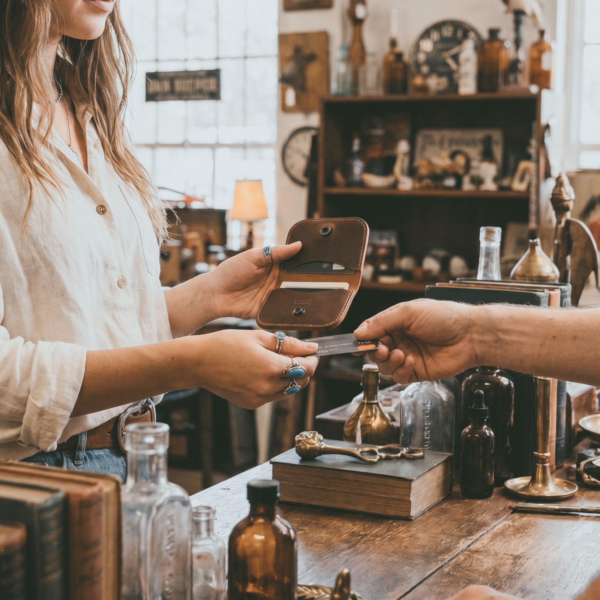 Austin Genuine The Magnolia Card Wallet being used for a card exchange at a shop counter. This Full Grain Leather wallet showcases StockyardX Small Batch Production, Hand Cut and Hand Sewn craftsmanship, Fire Branded Artisan style, and is Handmade in La Antigua Guatemala & Oaxaca Mexico.