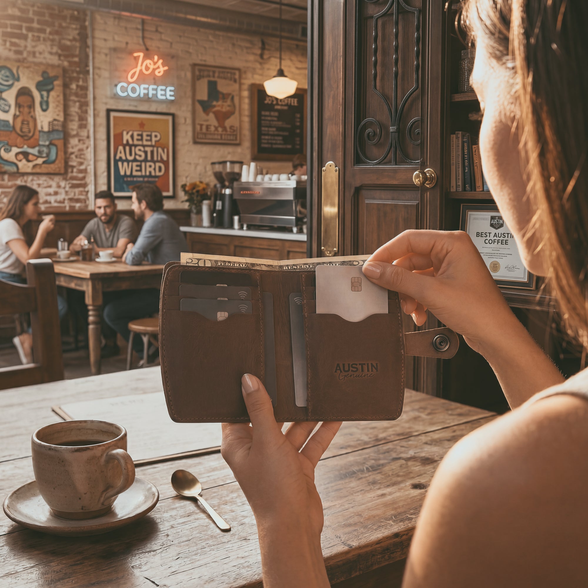 Austin Genuine The Waterloo Bifold Wallet, a brown Full Grain Leather bifold wallet with card slots held open in an Austin coffee shop, featuring StockyardX Small Batch Production, Hand Cut, Hand Sewn, Fire Branded, Artisan craftsmanship, and Handmade in La Antigua Guatemala & Oaxaca Mexico.