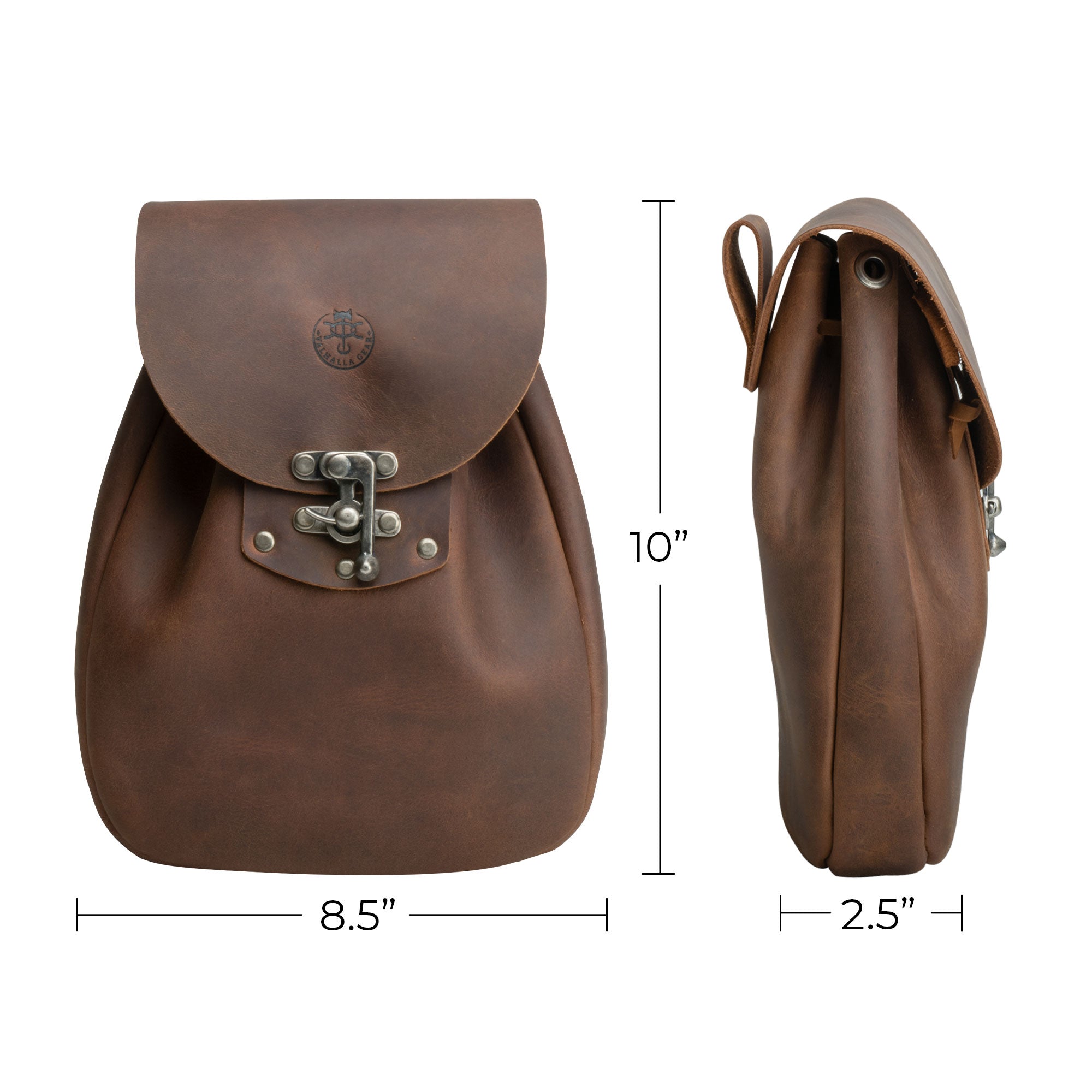 Dimensions showcase of a Full Grain Leather Medieval Style Belt Bag by Valhalla Gear, emphasizing its practicality as a Waist Bag and Camping Pouch for Essentials. This Artisan product reflects Small Batch Production standards through its Hand Cut, Hand Sewn, and Fire Branded quality, proudly handcrafted in La Antigua Guatemala & Oaxaca Mexico.