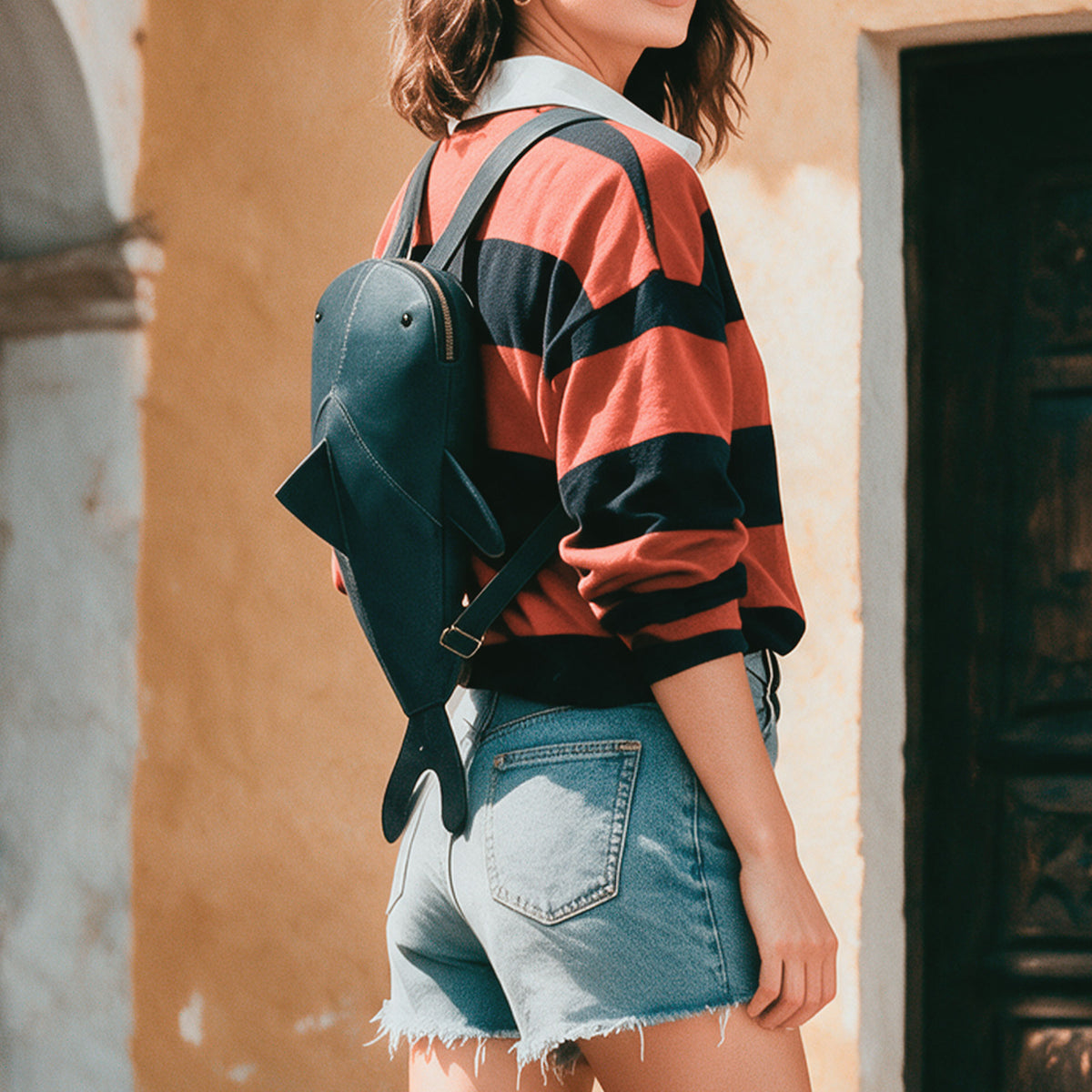 Person wearing the Hide & Drink Leather Shark Backpack (Megalodon) as a stylish compact backpack with adjustable shoulder straps. Leather Shark Backpack (Megalodon), Casual Bag, Messenger Bag, Travel Bag for Men and Women, Full Grain Leather, StockyardX, Small Batch Production, Hand Cut, Hand Sewn, Fire Branded, Artisan, Handmade in La Antigua Guatemala & Oaxaca Mexico.