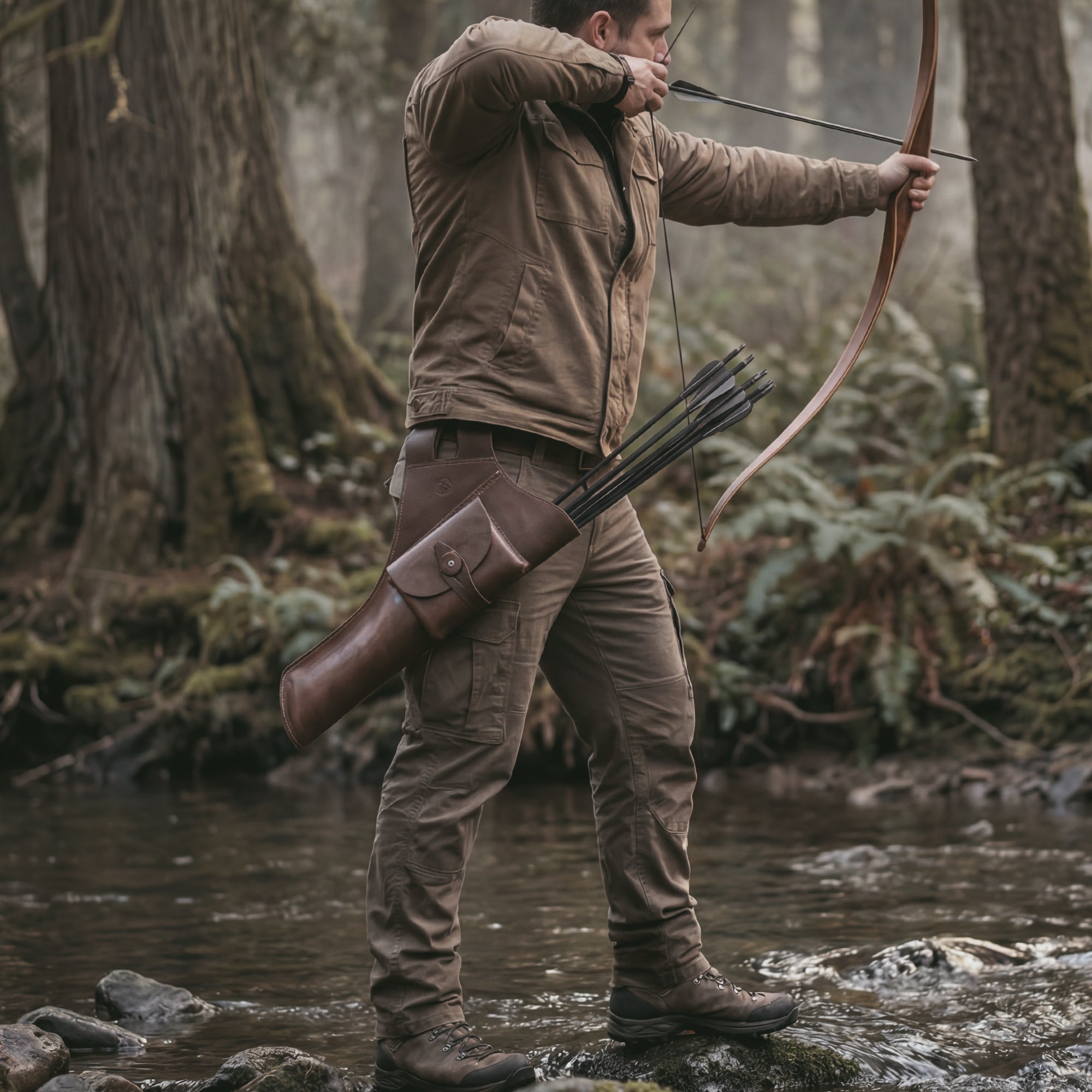 The Bowman, Hip Quiver by Valhalla Gear features an archer in action, showcasing this stylish and functional Leather Arrow Quiver with Extra Pocket. This hip quiver with belt loops is perfect for a vintage holder for recurve bow enthusiasts. Crafted from full grain leather, this artisan item exemplifies small batch production with hand cut and hand sewn details, fire branded for character, made in La Antigua Guatemala & Oaxaca Mexico.