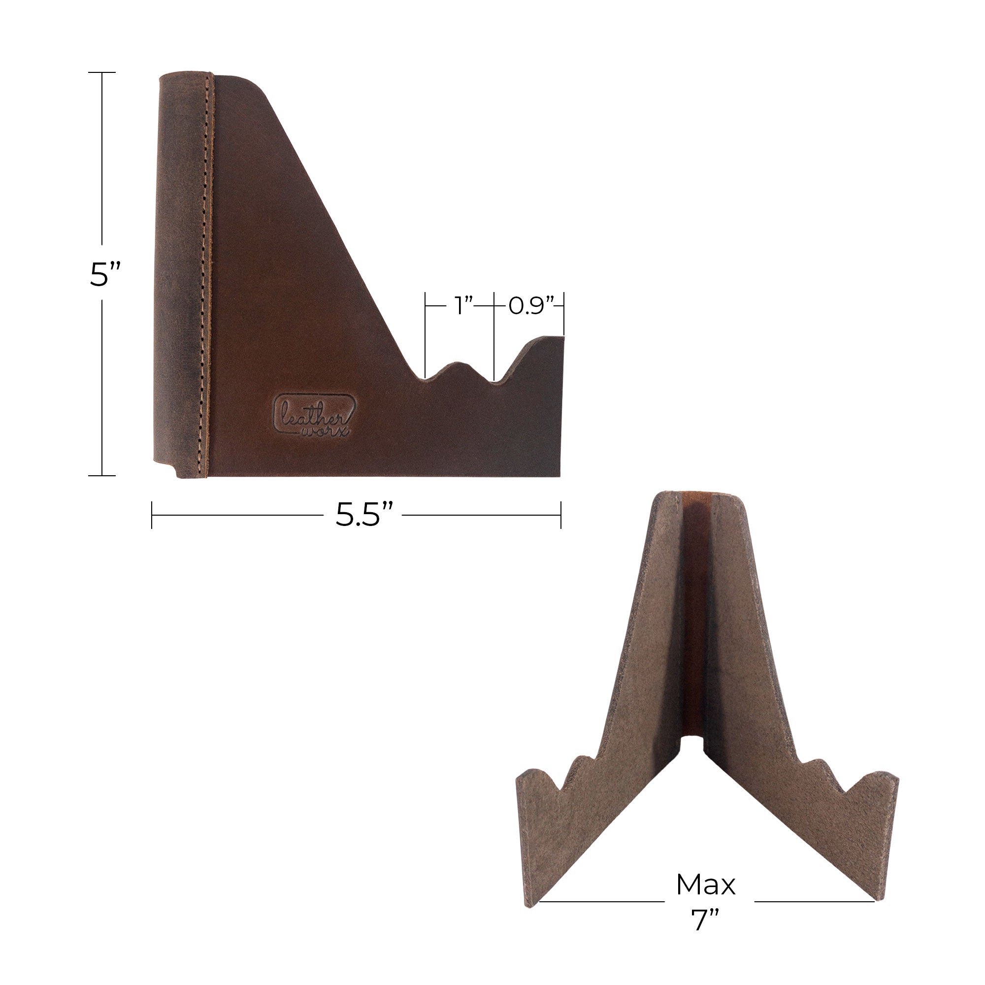 Dimensions of the Leather Worx Cell Phone Stand for Desk, showcasing a detailed image of its foldable design with measurements. This rustic Cell Phone Holder is not just a practical office accessory but also a product of small batch production made from full grain leather, created with love by artisans in La Antigua Guatemala & Oaxaca Mexico, featuring hand cut and hand sewn craftsmanship.