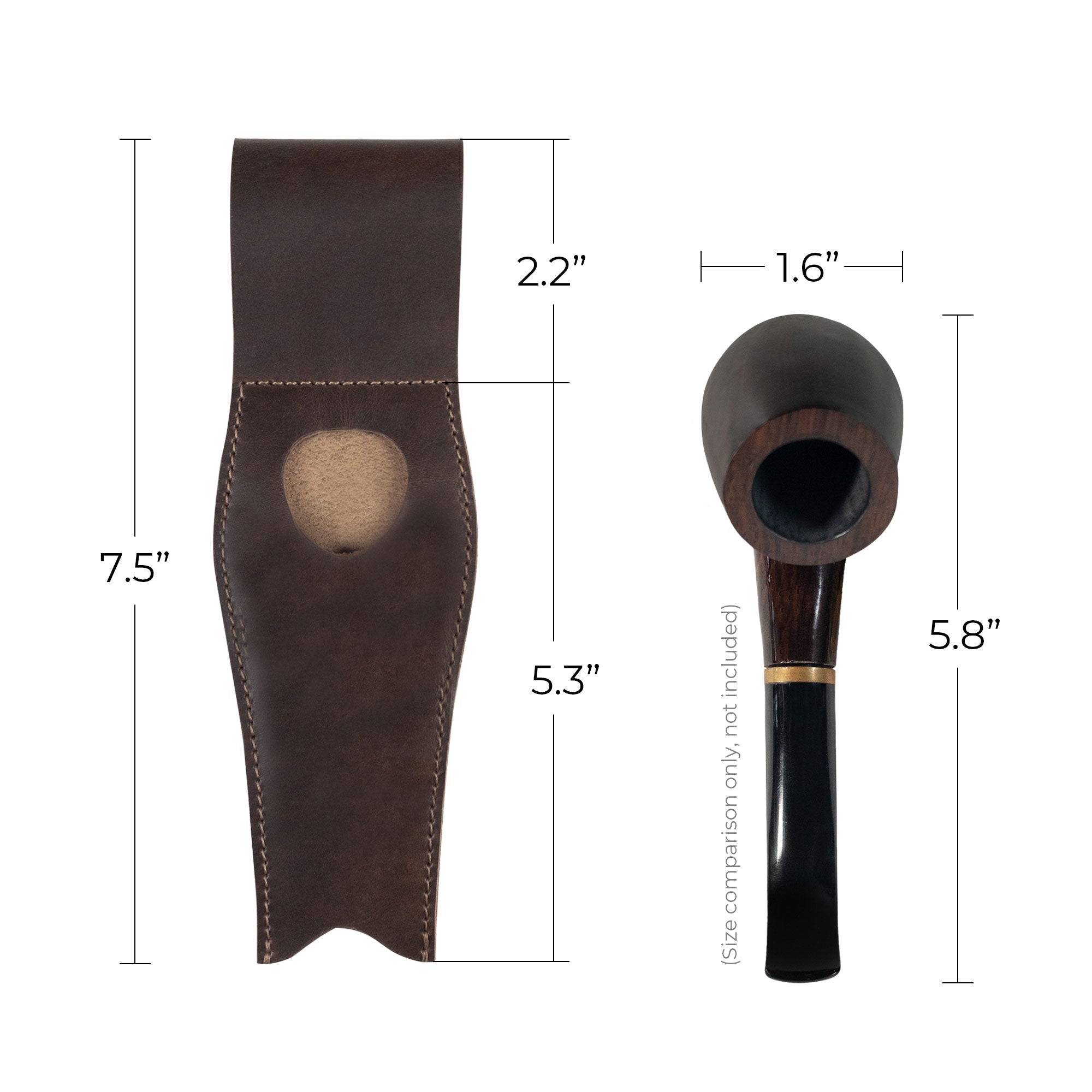 Detailed size comparison of the La Antigua Pipe Case with a pipe, highlighting its design dimensions. This rustic pipe holder is made from full grain leather, representing excellent craftsmanship as a travel accessory, handmade in La Antigua, Guatemala.