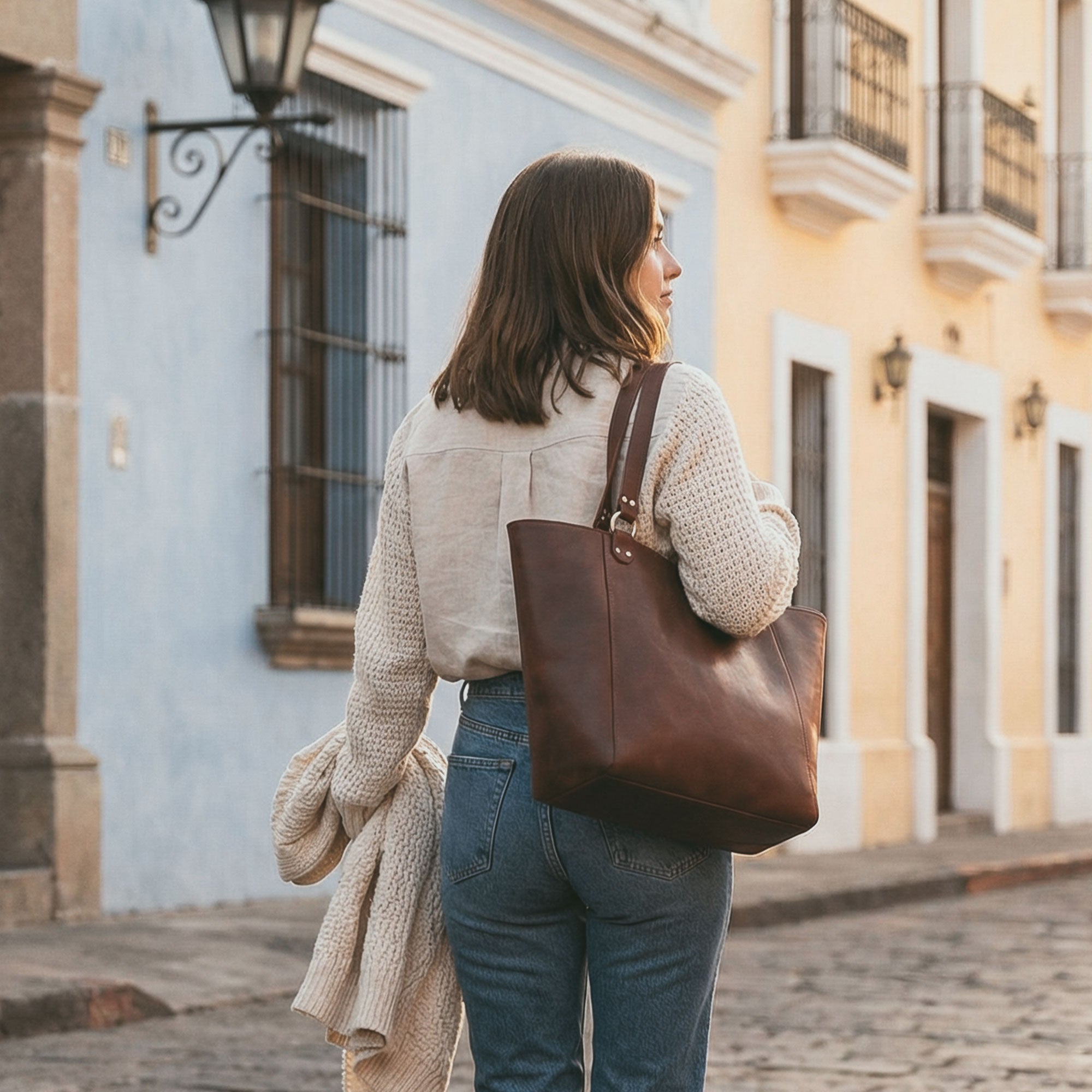 Front view of the stylish Leather Formal Handbag by Hide & Drink, made from premium Full Grain Leather. This beautiful bag serves multiple purposes as a Female Formal Handbag, Shoulder Bag, or Shopping Bag for girls. Handmade in La Antigua Guatemala & Oaxaca Mexico.