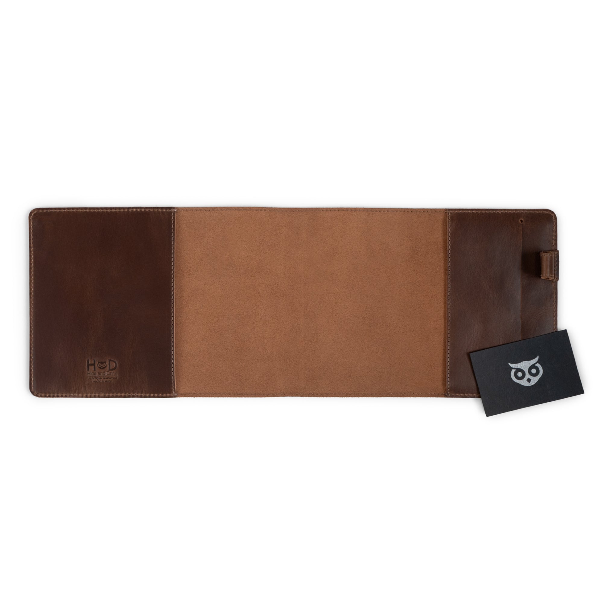 Another angle of the Cover for Leuchtturm1917 Sketchbook Hardcover A5 Medium Size (145 x 210 mm) by Hide & Drink, revealing its interior layout. Crafted from luxurious Full Grain Leather, this Notebook Sleeve represents the essence of artisan quality with hand-cut and hand-sewn details from small batch production.