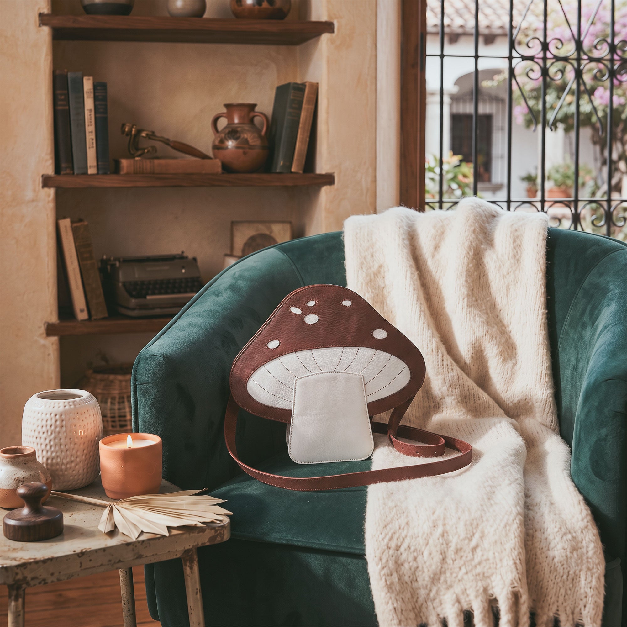 Mushroom-Shaped Leather Shoulder Bag by Tudi Frudi on a model, showcasing its unique style as both a crossbody and messenger bag. Crafted from Full Grain Leather, this handmade accessory is a perfect example of stockyardX's commitment to small batch production and artisan quality in La Antigua Guatemala.