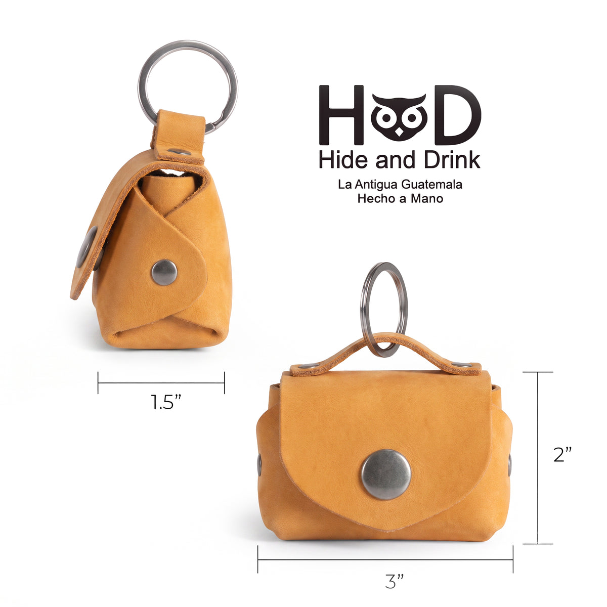 Measurements and detailed view of the mustard Tiny Handbag Keychain by Hide & Drink, illustrating the Tiny Handbag with Key Ring Holder made from Full Grain Leather, reaffirming its stylish design. This piece is part of Small Batch Production, Hand Cut, Hand Sewn, and Fire Branded, proudly Handmade in La Antigua Guatemala & Oaxaca Mexico.