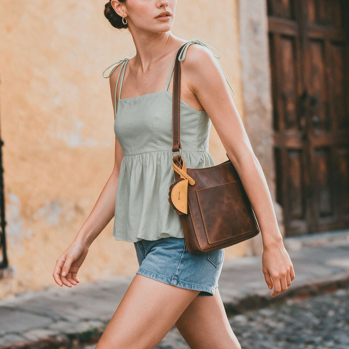Woman wearing a crossbody bag with the Hide & Drink Taco Bag Charm, featuring Full Grain Leather, Small Batch Production, Hand Cut, Hand Sewn, Fire Branded Artisan craftsmanship, Handmade in La Antigua Guatemala & Oaxaca Mexico, from StockyardX.