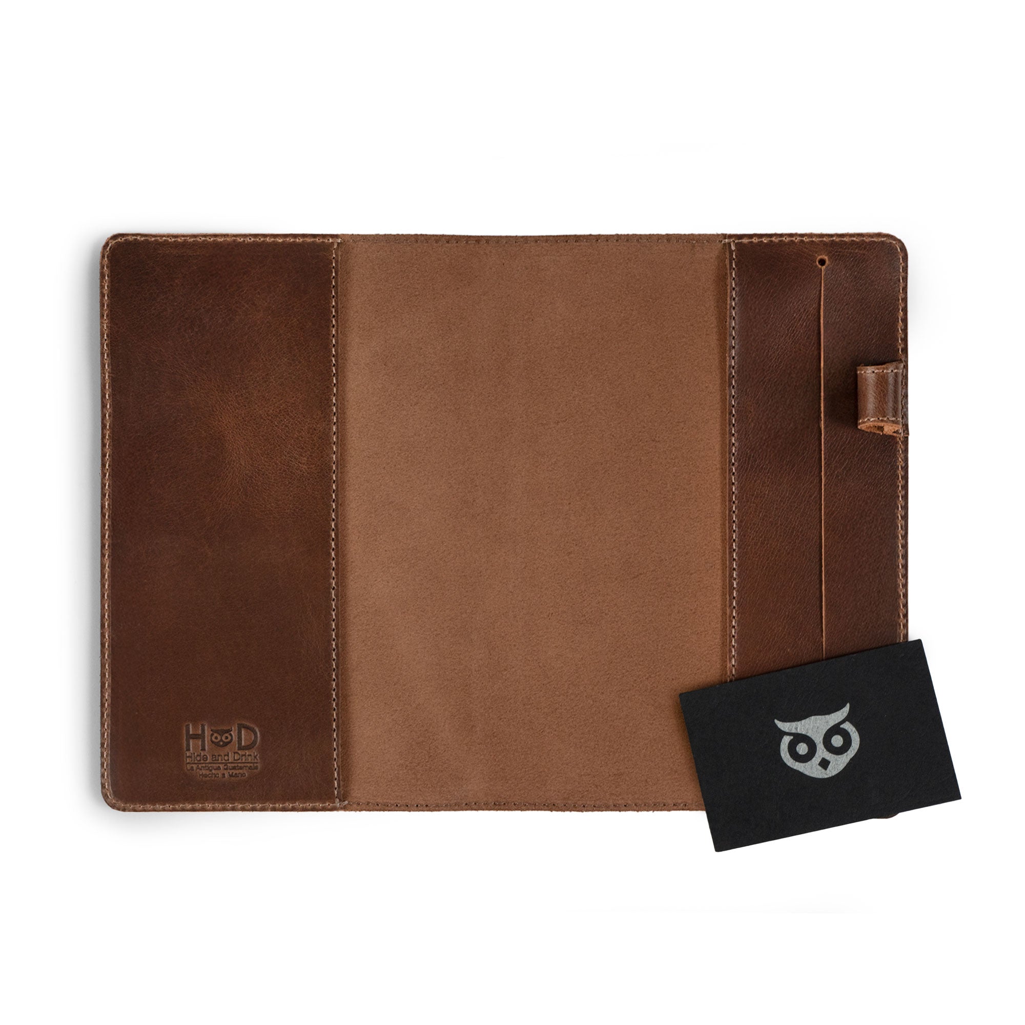 Interior view of the Cover for Leuchtturm1917 Classic Notebook Hard Cover B6+ Size (125 x 190 mm) by Hide & Drink, featuring a Journal Sleeve crafted from Full Grain Leather, showcasing Hand Sewn details and the importance of Small Batch Production in Artisan craftsmanship.