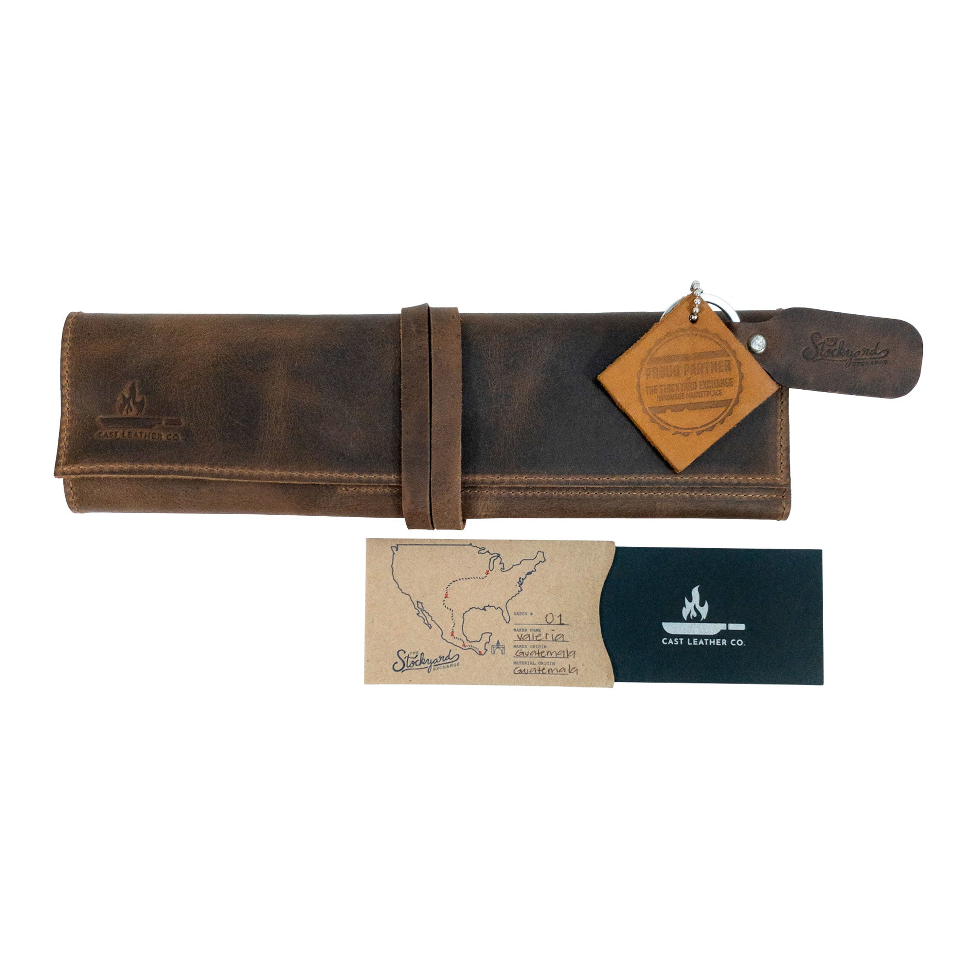 Rustic Roll Bag for Chopsticks displayed with branding and care tags from Cast Leather Co., signifying the quality and artisan touch. This handmade bag is designed for chopstick lovers who appreciate craftsmanship and functionality. Rustic Roll Bag for Chopsticks, Rustic Roll for Chopsticks, Case for Bamboo Wooden Chopsticks, Kitchen Organizer, Full Grain Leather, StockyardX, Small Batch Production, Hand Cut, Hand Sewn, Fire Branded, Artisan, Handmade in La Antigua Guatemala & Oaxaca Mexico.