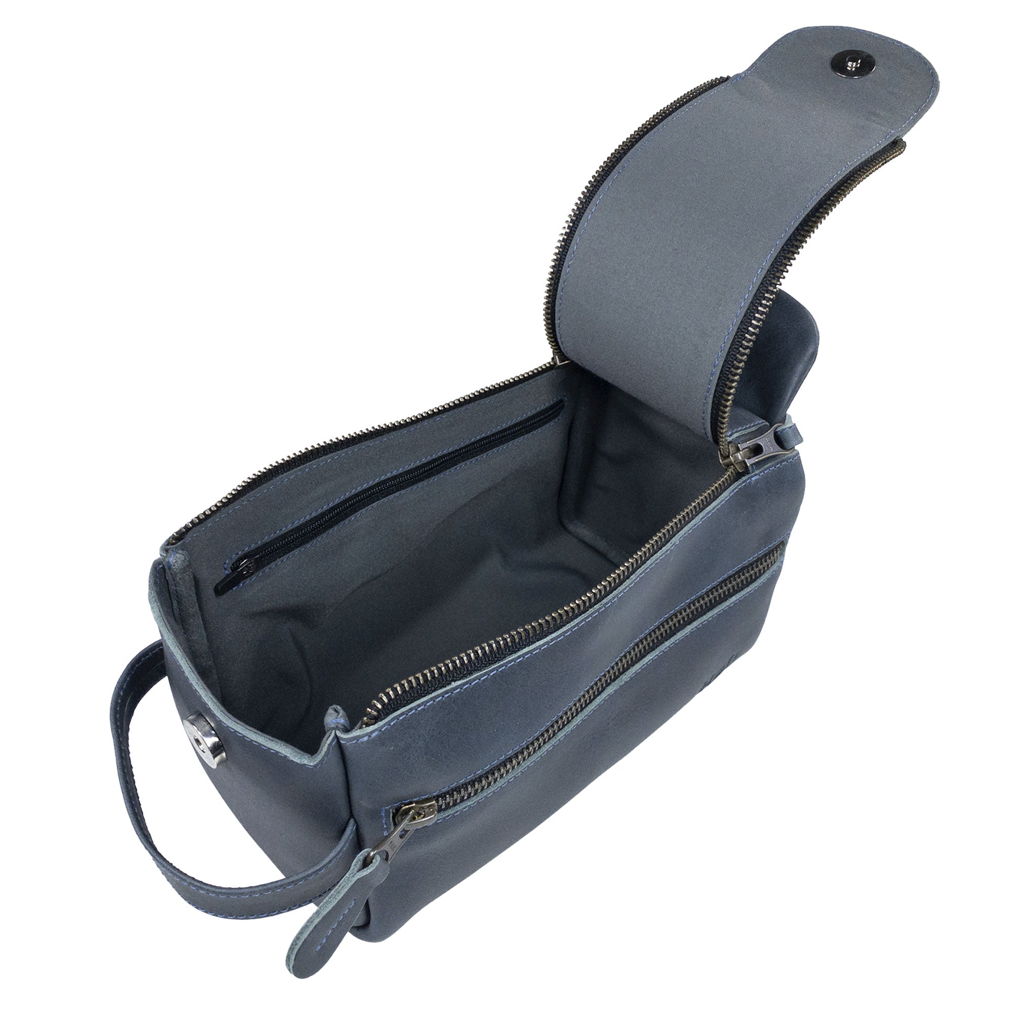 Open view of Hide & Drink's Toiletry Bag in blue leather displaying its spacious layout. This Full Grain Leather Toiletry Bag serves as a Hand Bag and an efficient Dopp Kit Organizer. StockyardX, Handmade, S.