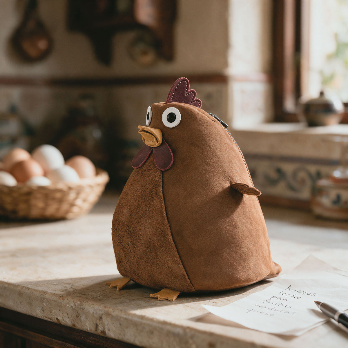 Tudi Frudi Leather Chubby Chicken Pouch sitting on a kitchen counter beside a handwritten note. This Leather Chubby Chicken Pouch Coin Purse is a playful Full Grain Leather Change Bag, Small Charger Cable Holder, Scissors Case, and Travel Zippered organizer among Purses & Pouches for Cash. StockyardX makes this Artisan accessory with Small Batch Production, Hand Cut, Hand Sewn, Fire Branded detailing, Handmade in La Antigua Guatemala & Oaxaca Mexico.