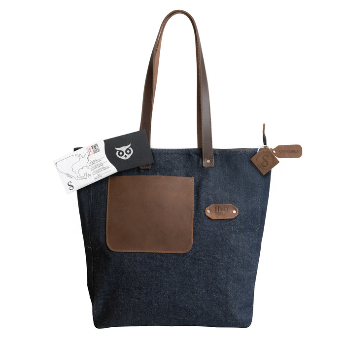 Denim Tote Bag with Leather Straps