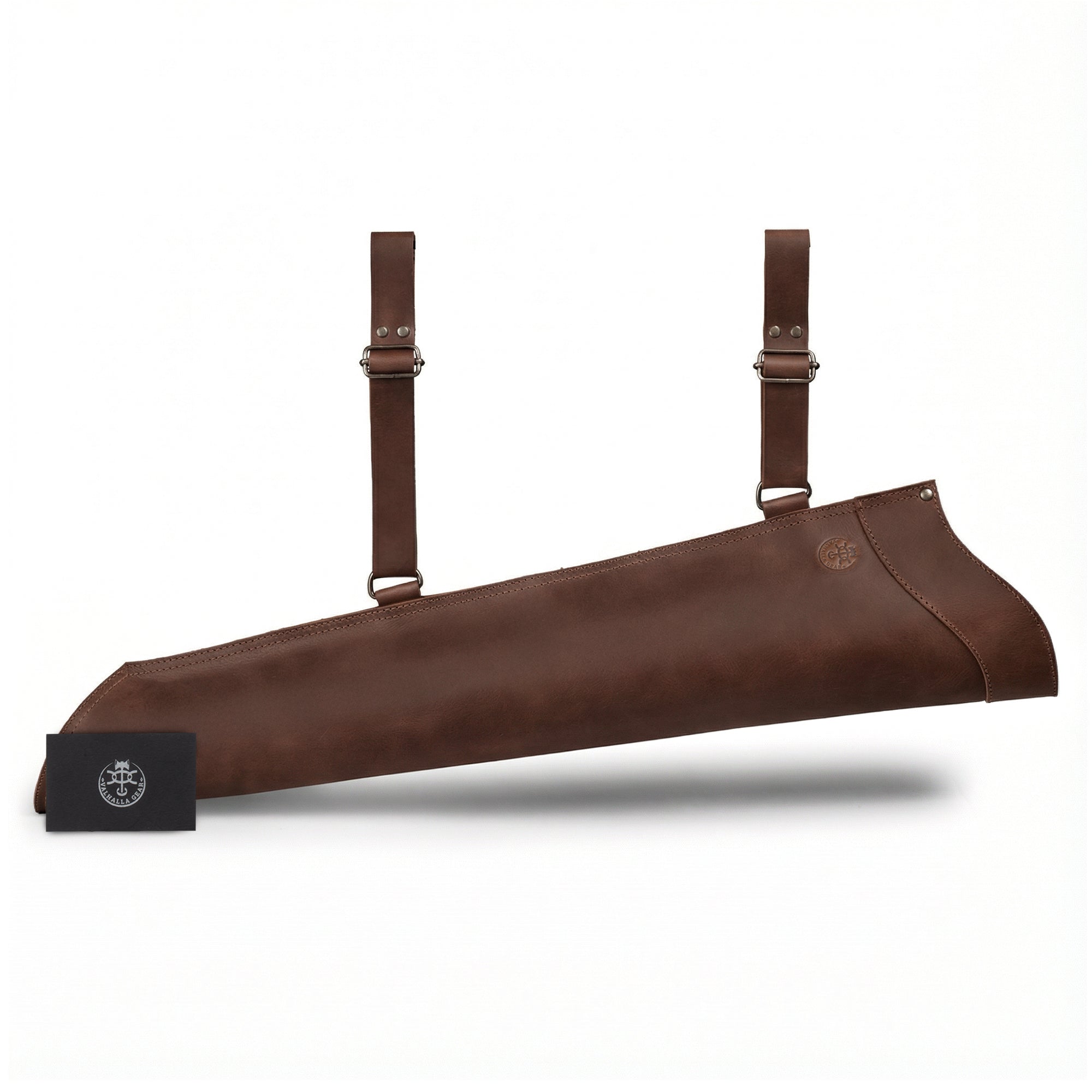 The Yeoman, Sling Arrow Quiver presented with a branded card, emphasizing its quality in full grain leather. Crafted by Valhalla Gear, this artisan quiver showcases hand-cut and hand-sewn details along with unique fire branding, all part of their small batch production, handmade in La Antigua Guatemala & Oaxaca Mexico.