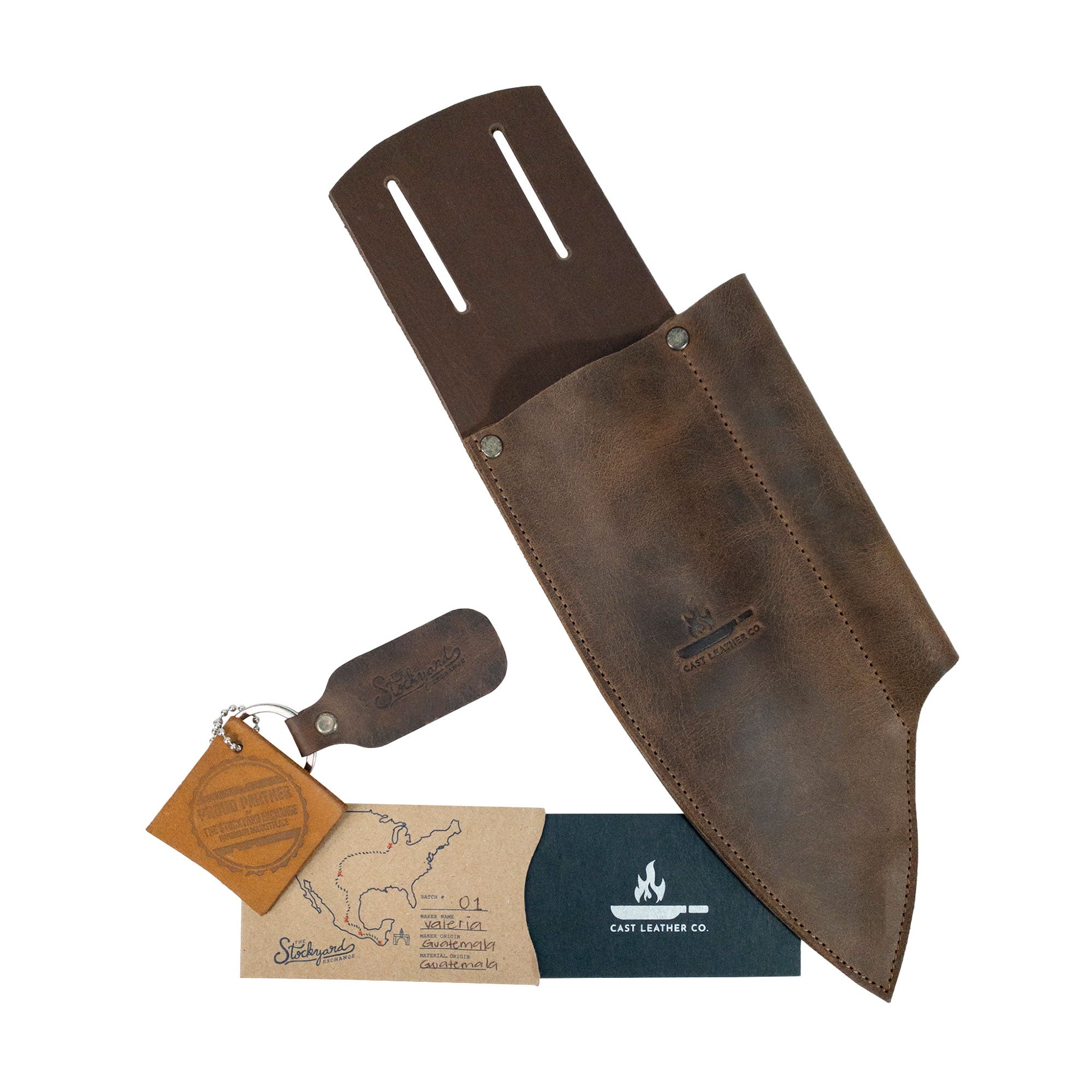 Knife Sheath with Sharpener Slot by Cast Leather Co., presented with packaging and information tag. This rustic knife holster for belt is made from high-quality full grain leather, showcasing small batch artisan production, handmade in La Antigua Guatemala.