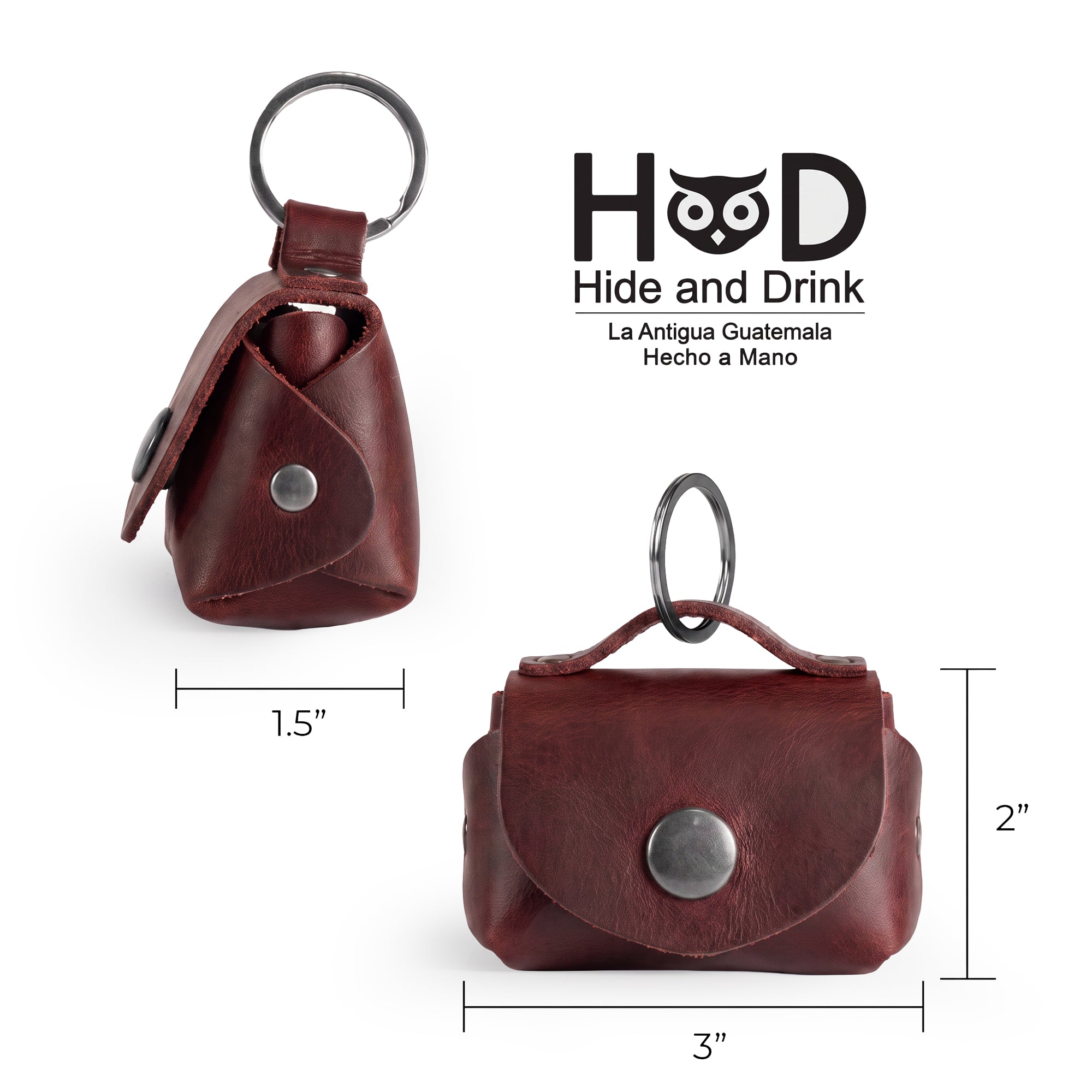 Dimensions of the Tiny Handbag Keychain by Hide & Drink displayed alongside a ruler, measuring 3 inches by 2 inches. This artisan-crafted keychain features a robust Full Grain Leather design and represents small batch production techniques.