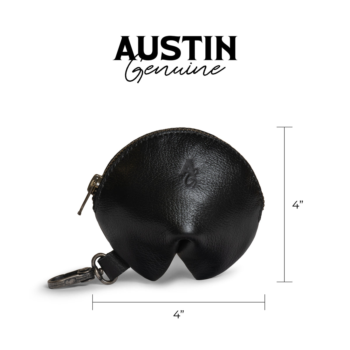 Austin Genuine The Bouldin Fortune Cookie Pouch in black Full Grain Leather with a dimension graphic showing approximately 4-inch measurements; StockyardX Small Batch Production, Hand Cut, Hand Sewn, Fire Branded, Artisan, Handmade in La Antigua Guatemala & Oaxaca Mexico.