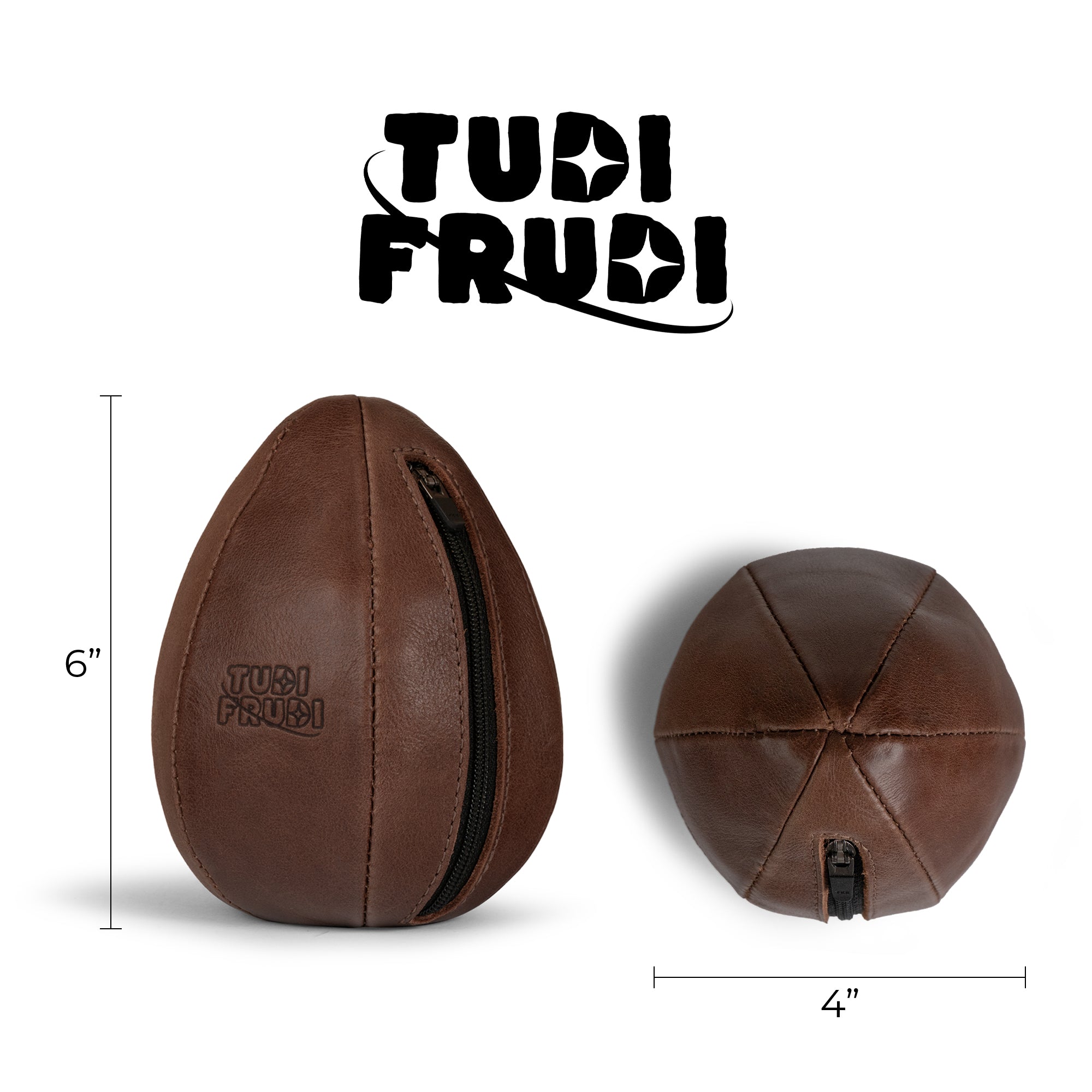 Tudi Frudi Dragon Egg Pouch size comparison showing the brown Full Grain Leather pouch with 6-inch and 4-inch measurements, made through StockyardX Small Batch Production with Hand Cut, Hand Sewn, Fire Branded, Artisan craftsmanship Handmade in La Antigua Guatemala & Oaxaca Mexico.
