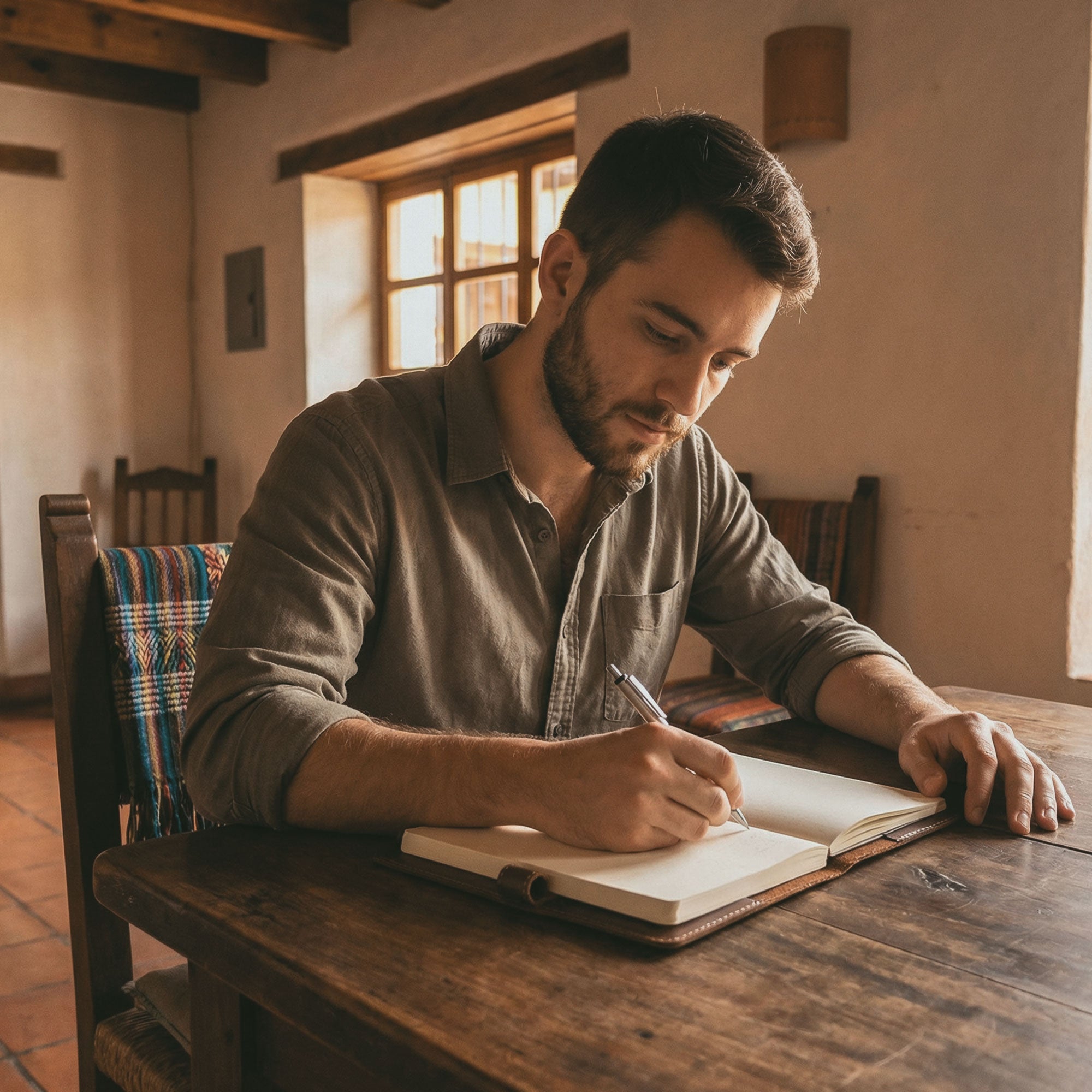 Person writing with the Cover for Leuchtturm1917 Notebook 411 Hardcover A5 Size (145 x 210 mm) by Hide & Drink on a rustic wooden table, showcasing the journal case's stylish design. Handmade in La Antigua Guatemala & Oaxaca Mexico, this full grain leather cover combines practicality with artisan craftsmanship for the discerning writer.