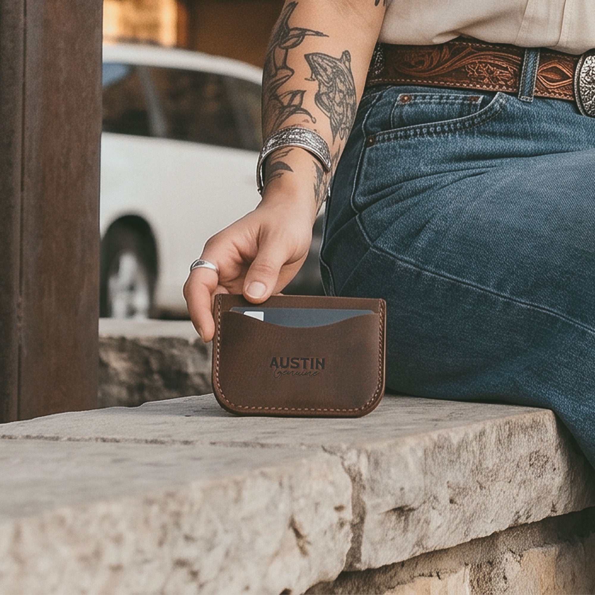 Person holding the compact Austin Genuine The Magnolia Card Wallet outdoors, showing its brown leather exterior and card slot. The Magnolia Card Wallet features Full Grain Leather, StockyardX Small Batch Production, Hand Cut and Hand Sewn Artisan craftsmanship, Fire Branded detailing, and is Handmade in La Antigua Guatemala & Oaxaca Mexico.