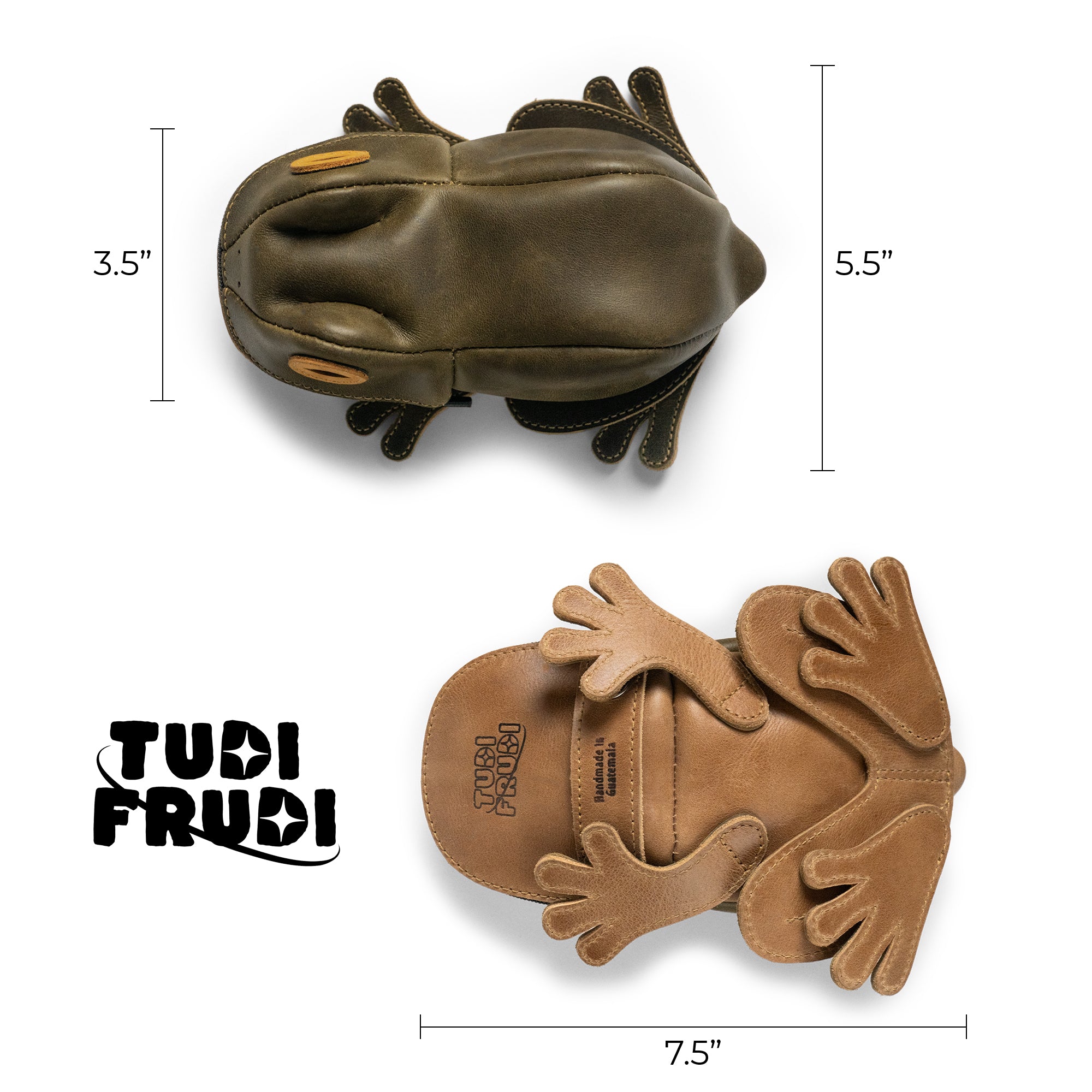 Dimensions of Tudi Frudi's Frog Pouch displayed with measurement details. This artisan-made leather frog pouch is perfect for organizing small items, acting as a cable organizer or a change purse, crafted in La Antigua Guatemala & Oaxaca Mexico.