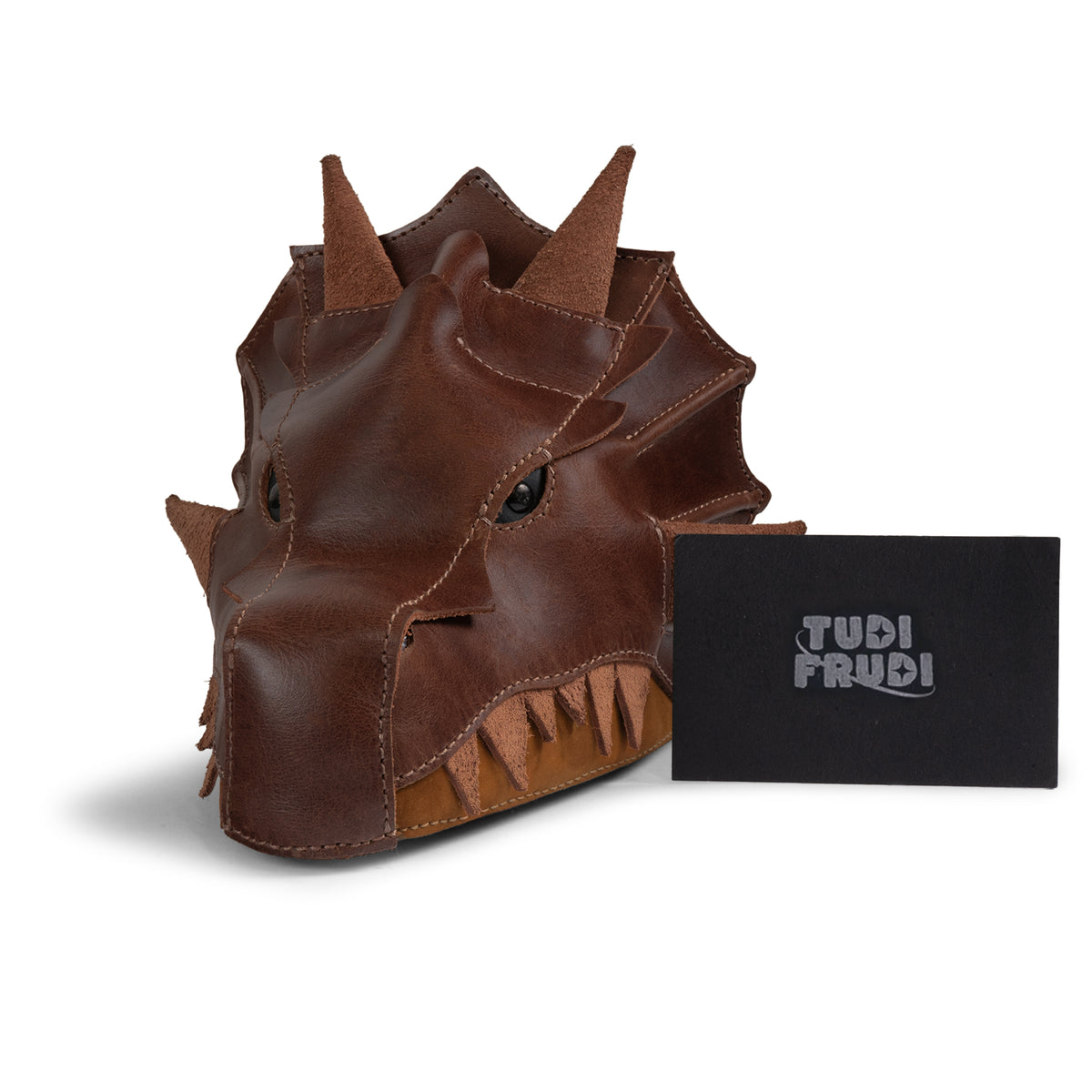 Tudi Frudi Leather Dragon Head Pouch shown with branded packaging, a giftable Coin Purse, Small Charger Cable Holder, Change Bag, and Scissors Case for Purses & Pouches for Cash; Travel Zippered Full Grain Leather accessory from StockyardX, made in Small Batch Production with Hand Cut, Hand Sewn, Fire Branded Artisan craftsmanship, Handmade in La Antigua Guatemala & Oaxaca Mexico.
