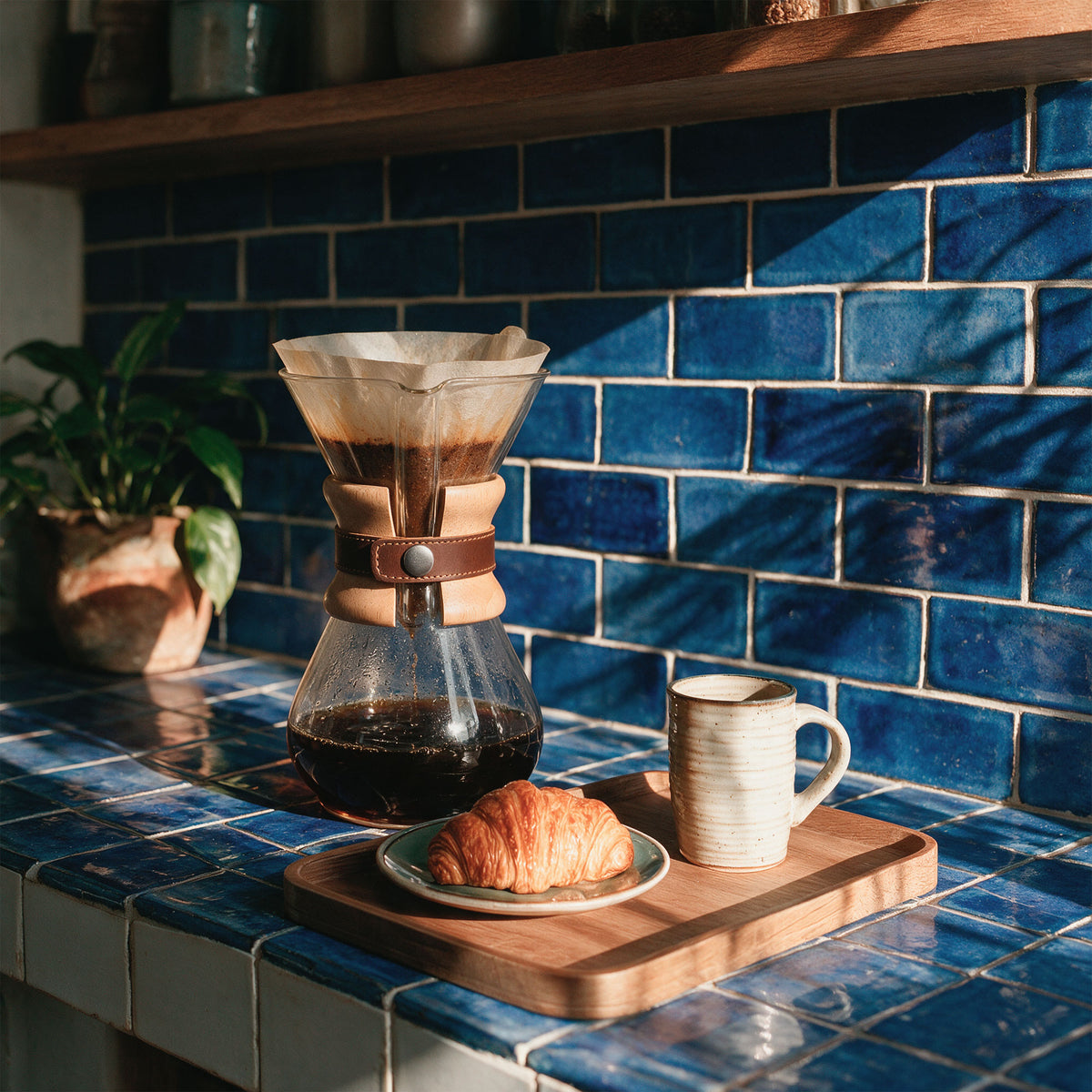 Chemex Strap Replacement showcased on a glass Chemex pour-over coffee maker, crafted by Hide & Drink. This durable strap is a perfect accessory for your Chemex, featuring Full Grain Leather, ideal for a stylish coffee experience. Pour Over Strap (2 Pack) Compatible with Chemex 6-Cup Glass, made with artisan quality in small batch production, hand cut and hand sewn, fire branded in La Antigua Guatemala & Oaxaca Mexico.