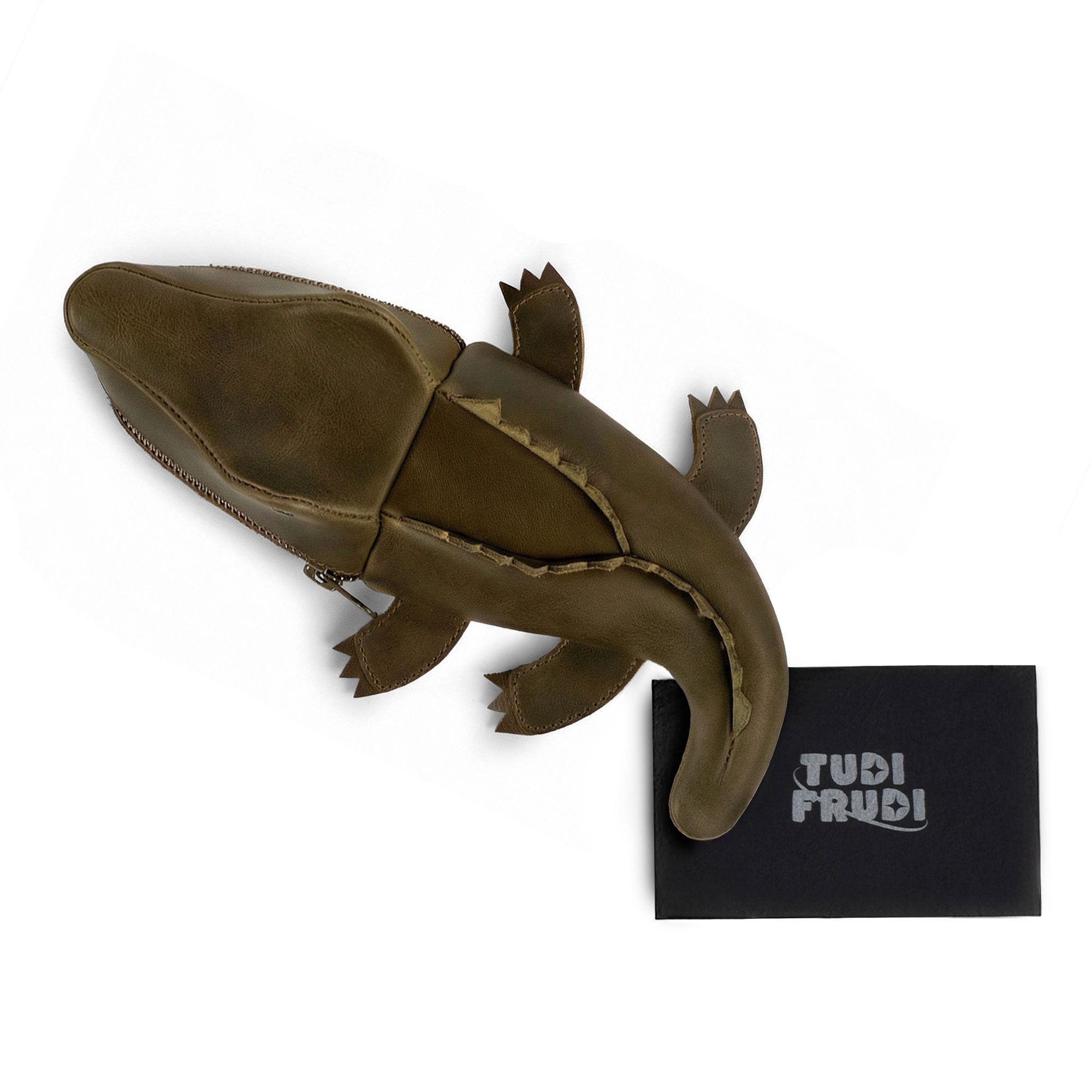Gator Leather Pouch by Tudi Frudi, presented with accessories, highlighting its functionality as a travel zippered pouch for cash or small items. Handcrafted from full grain leather in La Antigua Guatemala and Oaxaca Mexico, this artisan piece merges style with practicality.