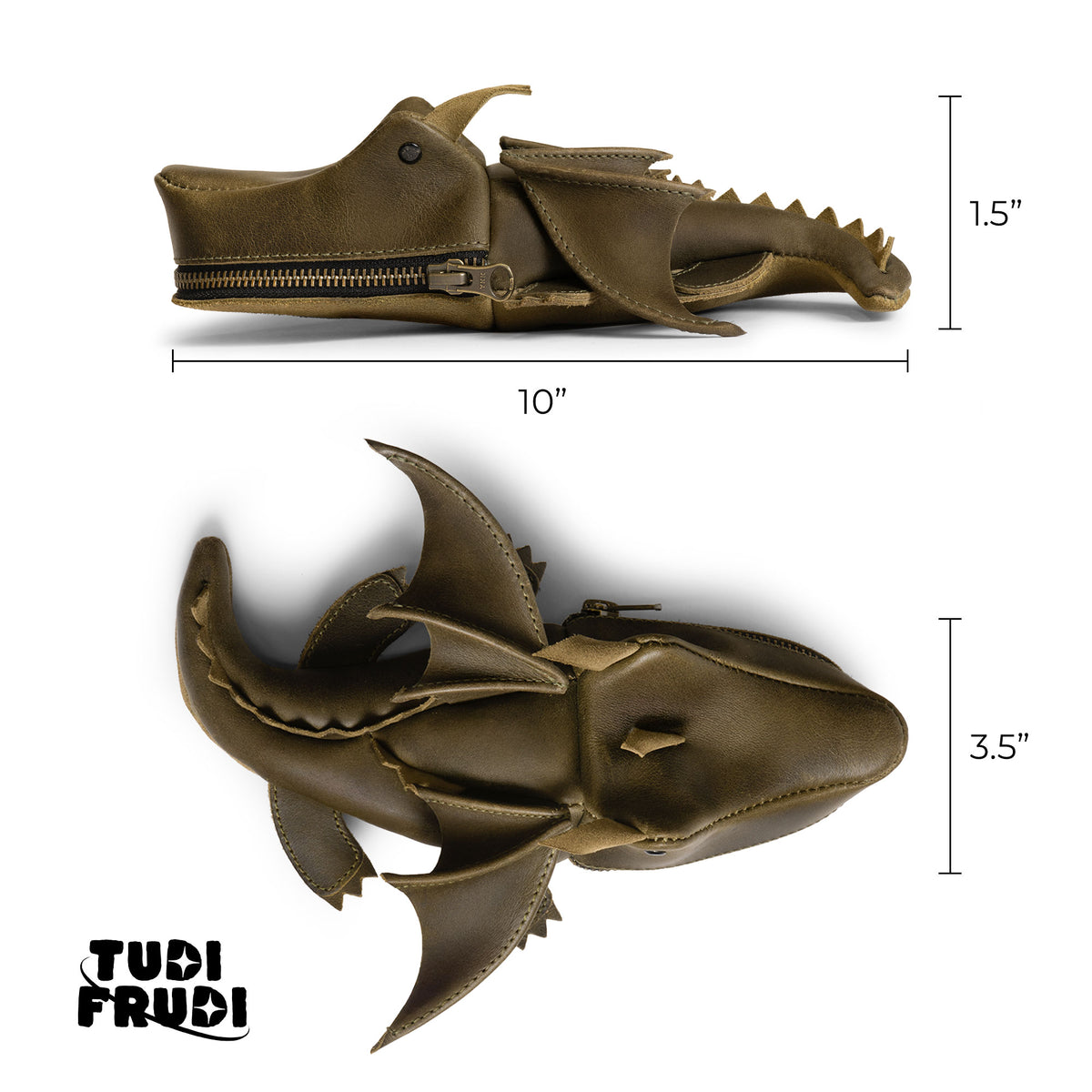Tudi Frudi Leather Baby Dragon Pouch dimensions diagram showing approximately 10 inches long, 1.5 inches high, and 3.5 inches wide; a Leather Baby Dragon Pencil  Pouch, Coin Purse, Small Charger Cable Holder, Change Bag, Scissors Case, and Purses & Pouches for Cash made from Full Grain Leather through Small Batch Production, Hand Cut and Hand Sewn by Artisan makers, Handmade in La Antigua Guatemala & Oaxaca Mexico, with a Fire Branded finish for Travel Zippered use.