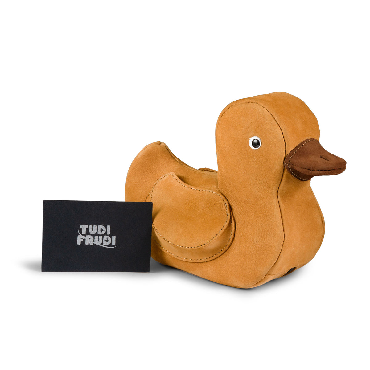 Tudi Frudi Leather Rubber Ducky Pouch shown beside its branded package, featuring a Leather Rubber Ducky Pencil Pouch and Small Pen Organizer design; this Zippered Holder Wallet for Coins, Change Purse, Money Pouches for Men and Women, Saving Box, and Cable Holder is made from Full Grain Leather using StockyardX, Small Batch Production, Hand Cut, Hand Sewn, Fire Branded, Artisan craftsmanship, Handmade in La Antigua Guatemala & Oaxaca Mexico.