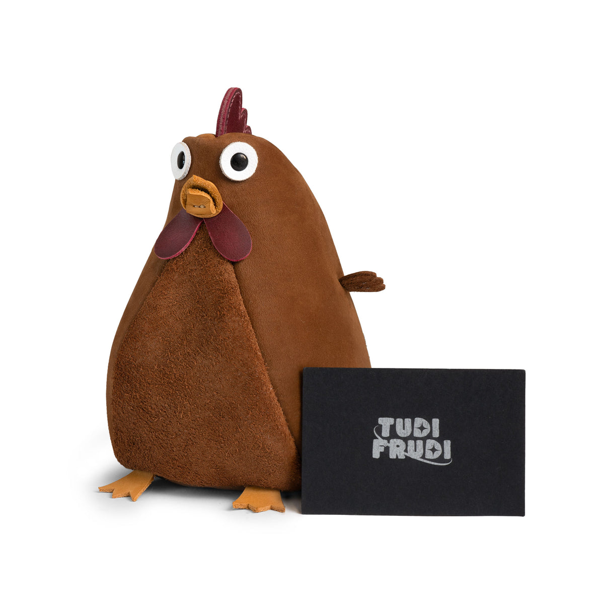 Front view of the Tudi Frudi Leather Chubby Chicken Pouch shown with its branded gift box. This Leather Chubby Chicken Pouch Coin Purse is made from Full Grain Leather and works as a Small Charger Cable Holder, Change Bag, Scissors Case, Travel Zippered organizer, and practical choice among Purses & Pouches for Cash. The StockyardX design reflects Small Batch Production, Hand Cut, Hand Sewn, Fire Branded, Artisan craftsmanship, Handmade in La Antigua Guatemala & Oaxaca Mexico.