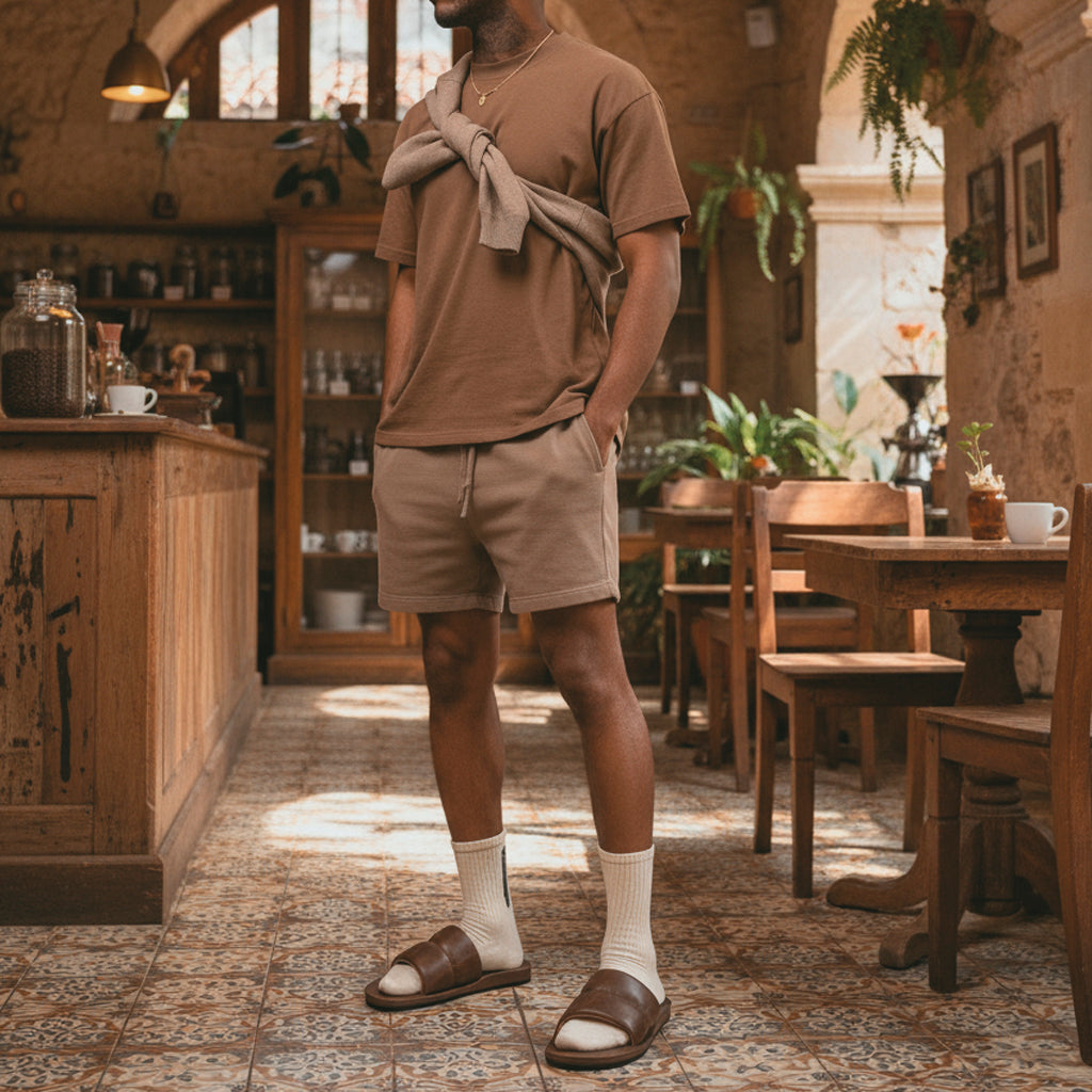 A stylish individual in The Bayside Leather Slide by StockyardX, seated in a vibrant café setting. This bayside sandal made from full grain leather, assures comfort and unique design. Made with care in La Antigua Guatemala & Oaxaca Mexico, embodying artisan craftsmanship and small batch production.