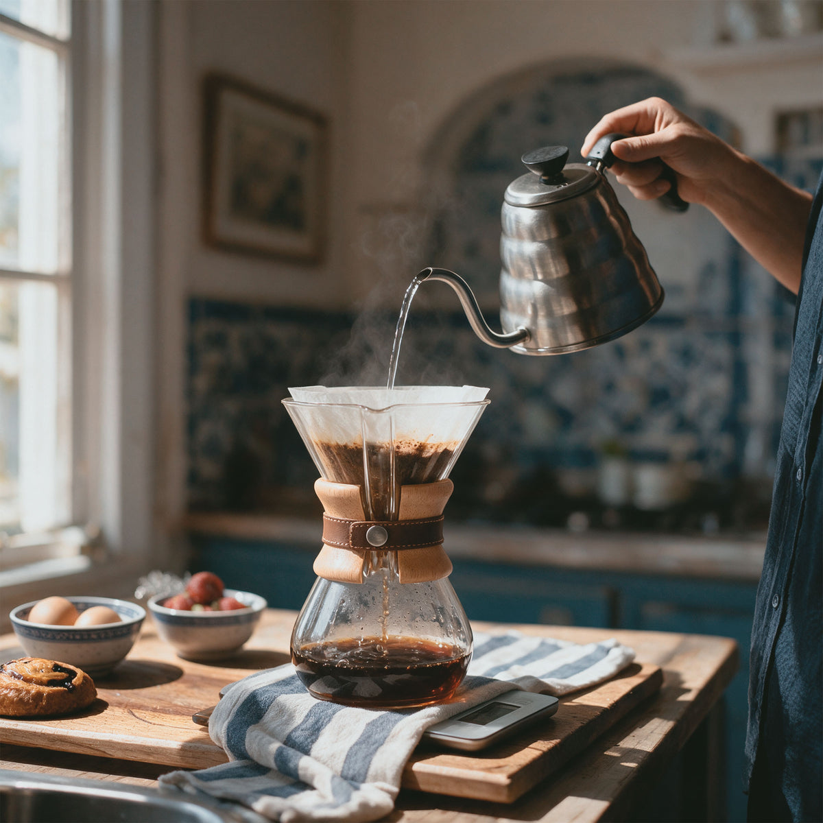 Chemex Strap Replacement showcased on a glass Chemex pour-over coffee maker, crafted by Hide & Drink. This durable strap is a perfect accessory for your Chemex, featuring Full Grain Leather, ideal for a stylish coffee experience. Pour Over Strap (2 Pack) Compatible with Chemex 6-Cup Glass, made with artisan quality in small batch production, hand cut and hand sewn, fire branded in La Antigua Guatemala & Oaxaca Mexico.