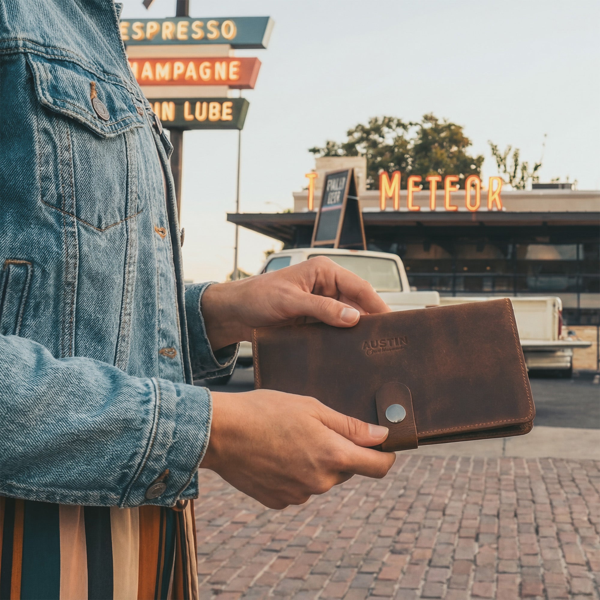 Lifestyle image of a person holding The Lamar Long Bifold Wallet by Austin Genuine against a vibrant urban backdrop, showcasing its beautiful leather construction. This wallet captures Austin’s bold passion, vibrant popular culture, and unmistakable Texas spirit, made from Full Grain Leather, reflecting StockyardX's dedication to Small Batch Production, Hand Cut, Hand Sewn, Fire Branded, Artisan quality; Handmade in La Antigua Guatemala & Oaxaca Mexico.