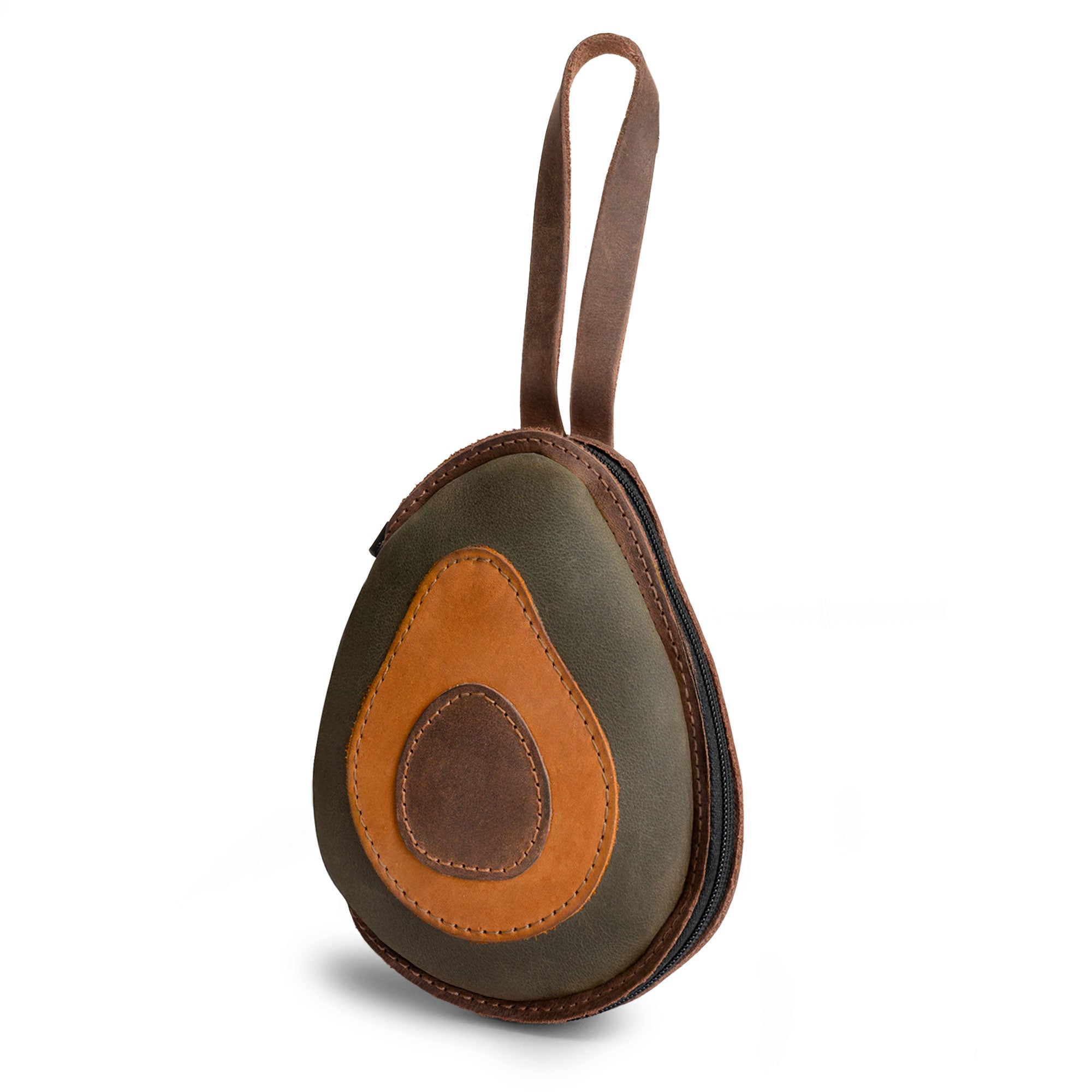 Hide & Drink Avocado Purse, a unique case bag featuring a charming avocado design, perfect for organizing cards and money. This coin pouch makes a cute gift and is crafted from full grain leather. Ideal for small batch production enthusiasts, each piece is hand cut, hand sewn, and fire branded, showcasing artisan skills from La Antigua Guatemala & Oaxaca Mexico.