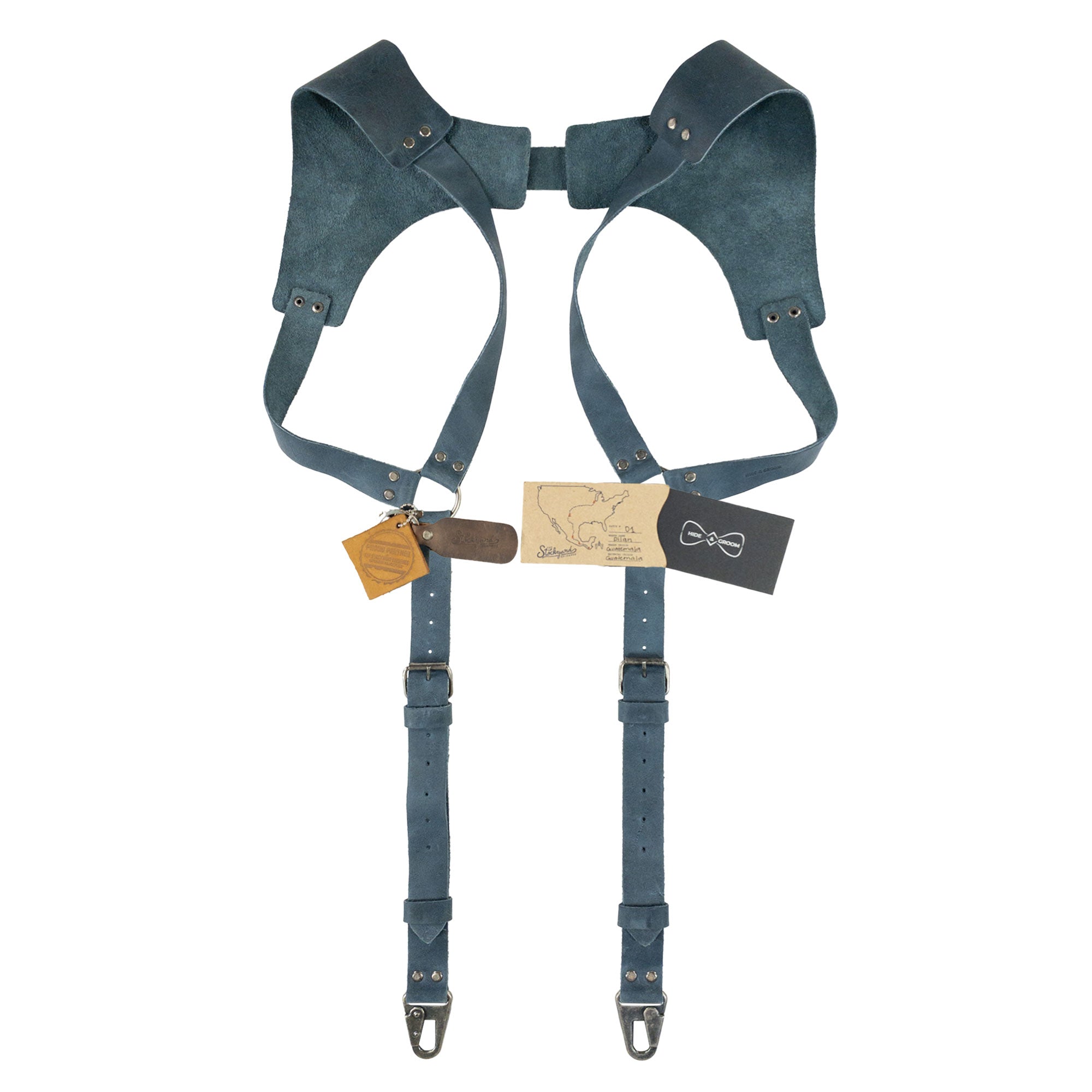Front view of Vintage Renaissance Suspenders by Hide & Groom in dark leather, highlighting the striking design and quality craftsmanship perfect for a vintage men's style.