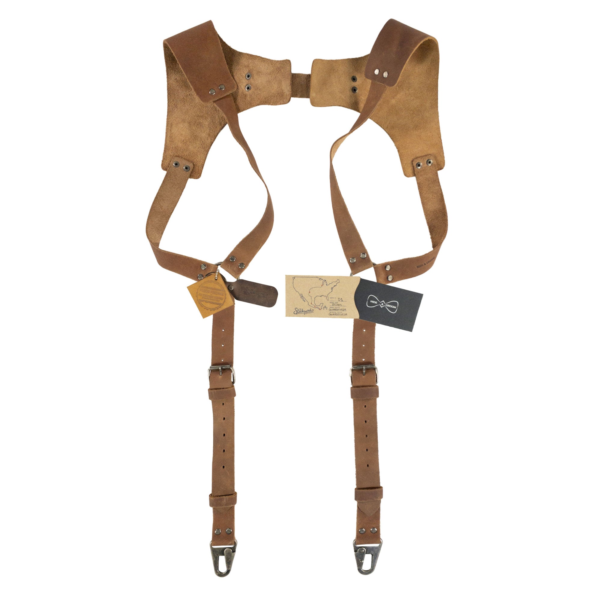 Close-up detail of the buckles on Vintage Renaissance Suspenders by Hide & Groom, showcasing artisan quality and robust metal hooks essential for vintage style.