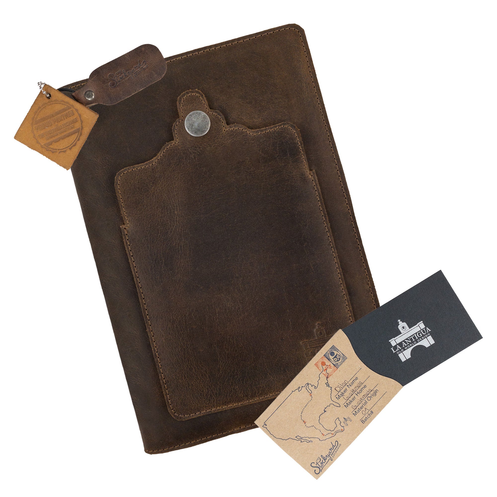 Dimensions of the Rustic Journal Cover for Hardcover A5 Notebook by La Antigua, including comparison with other notebooks. This protective cover for the Hardcover Leuchtturm A5 (5.75 x 8.25 in.) Notebook highlights its handmade quality in full grain leather, emphasizing its practicality as a personal planner and writing accessory. Artisan-made in La Antigua Guatemala to offer a unique touch.