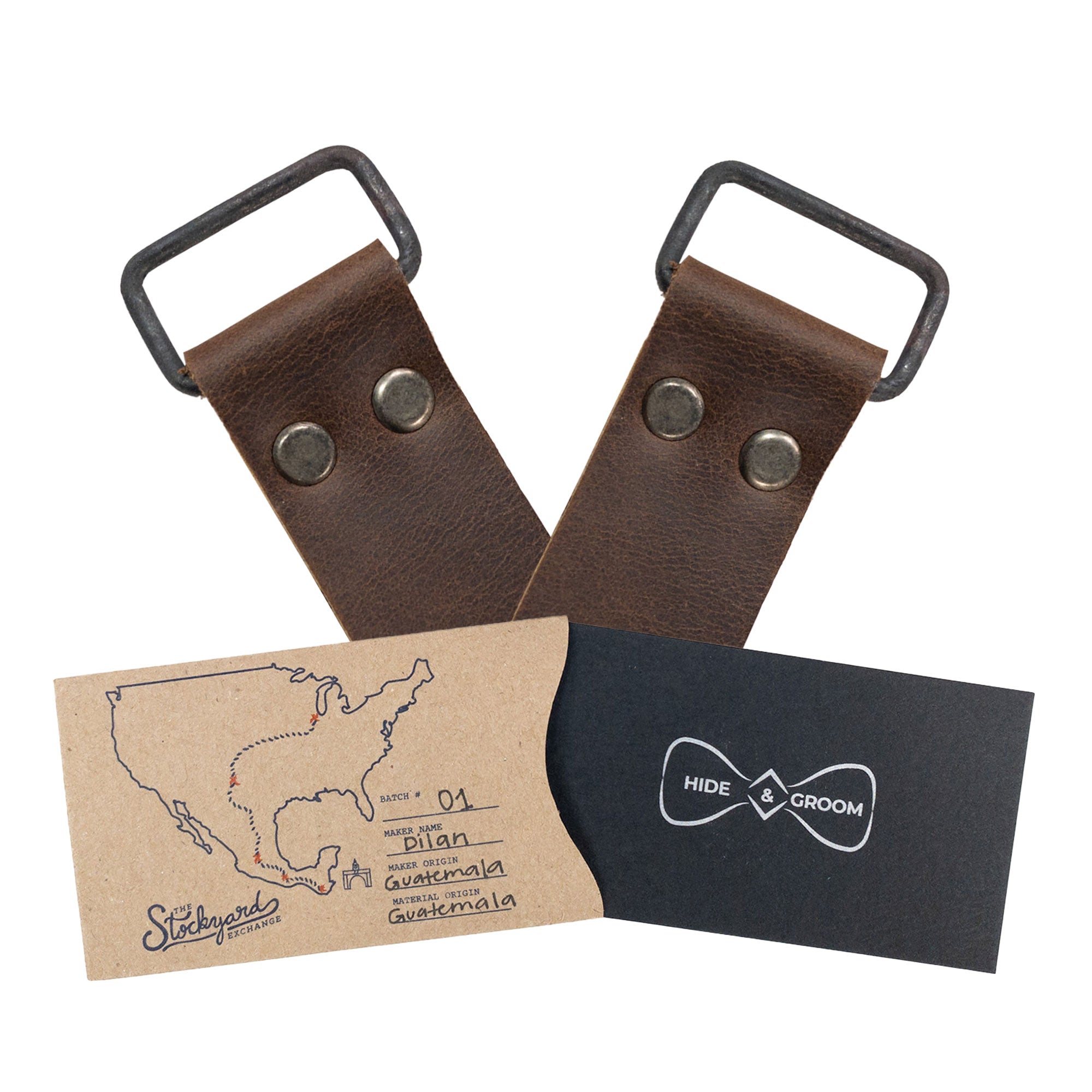 An image of the packaging for the Set of 2 Riveted Suspender Loop Attachments by Hide & Groom, showcasing the sustainable design and attention to detail. These artisan, heavy-duty wedding accessories are handmade in La Antigua Guatemala & Oaxaca Mexico, perfect for gifting.