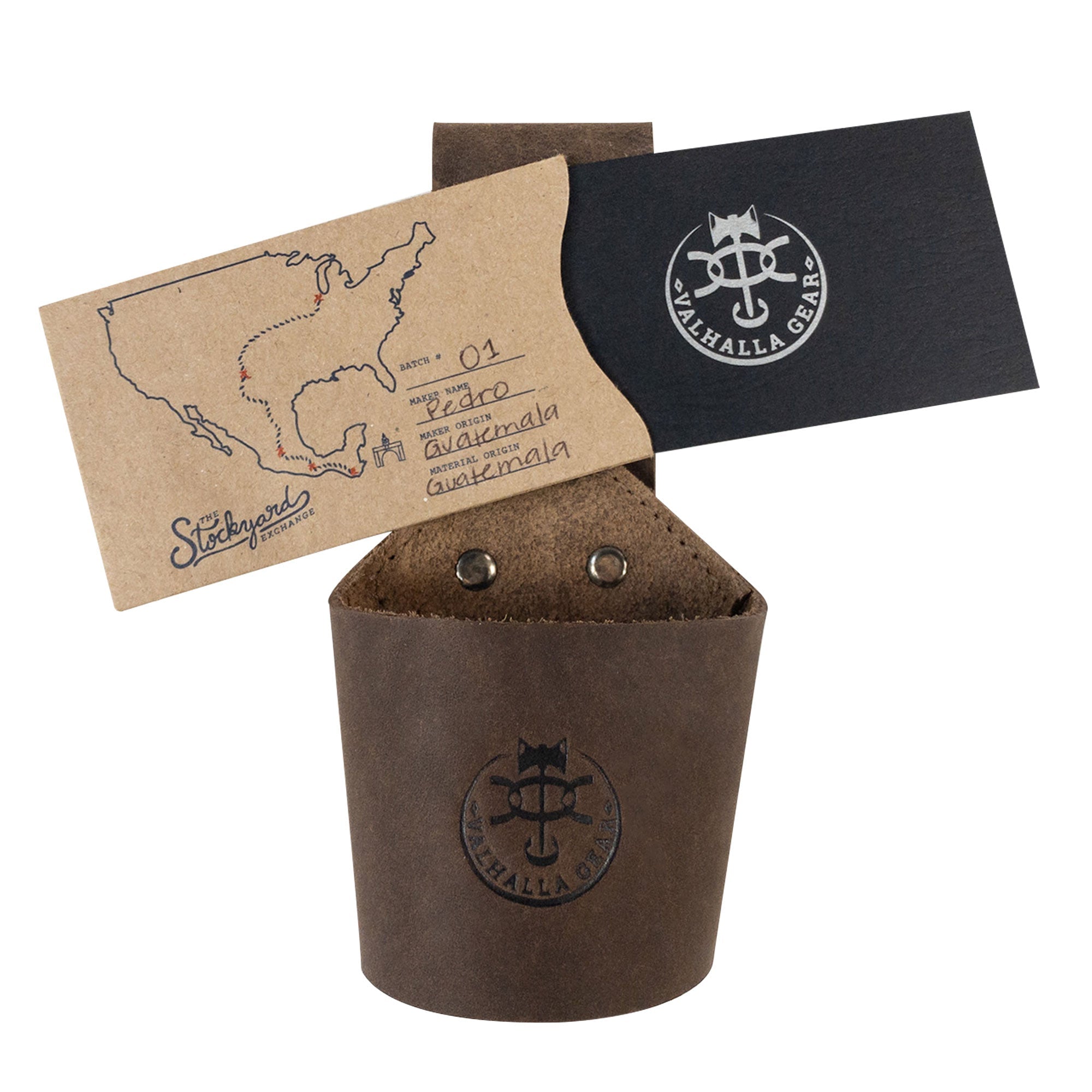 An image depicting Valhalla Gear's Single Axe Holster alongside its authenticity cards, showcasing the brand's commitment to quality and artisan craftsmanship. This durable carrier is an essential accessory for tools, crafted from full grain leather in La Antigua Guatemala & Oaxaca Mexico. Each handmade piece reflects small batch production and is designed for safety and convenience during home improvement activities.