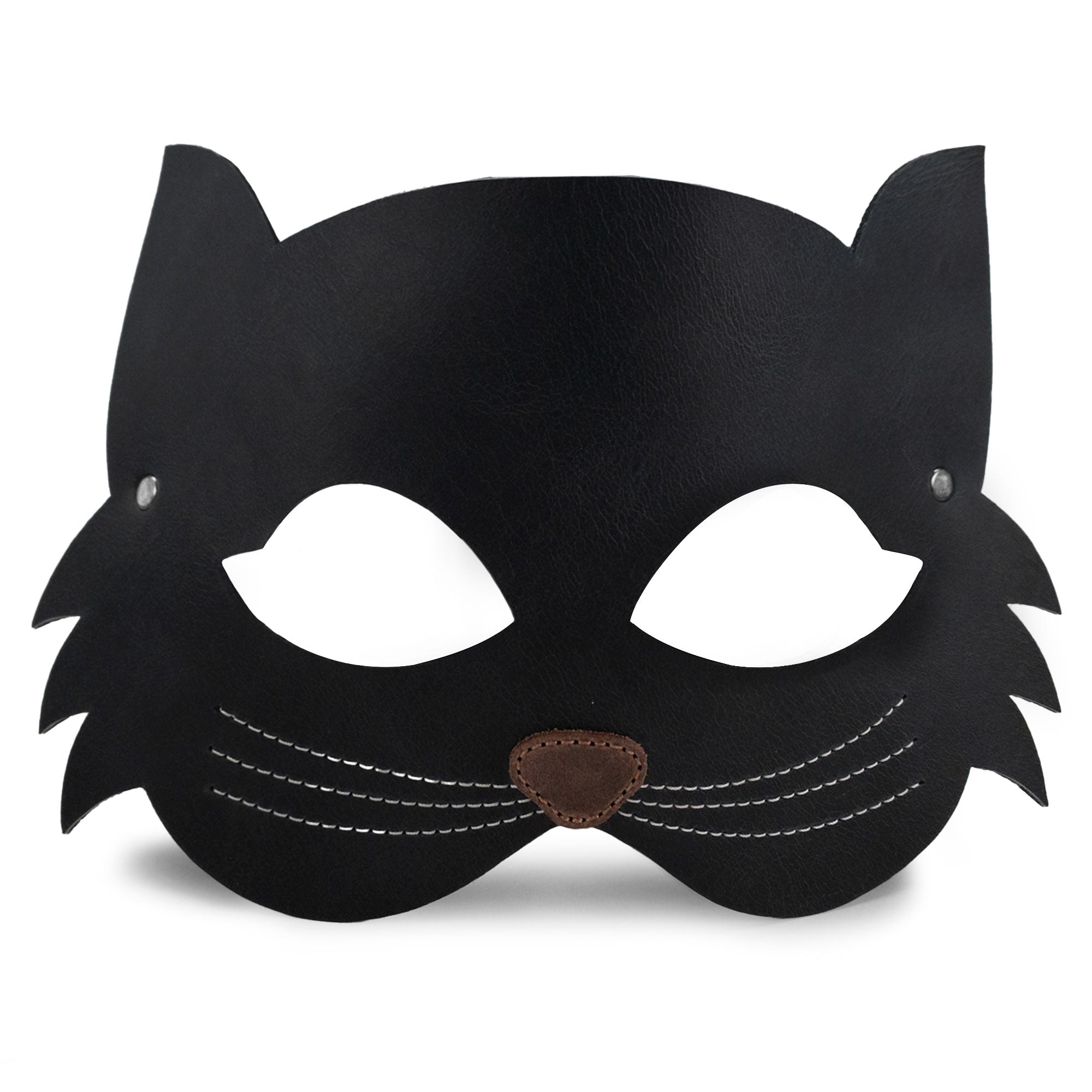 A stylish Cat Shape Face Mask from Hide & Play, crafted in full grain leather. This custom accessory features a playful feline design, ideal for costume parties and special occasions. Each piece is handmade in La Antigua Guatemala, showcasing small batch production with hand-cut and hand-sewn techniques. Perfect for cat lovers looking for unique, artisan-crafted items.