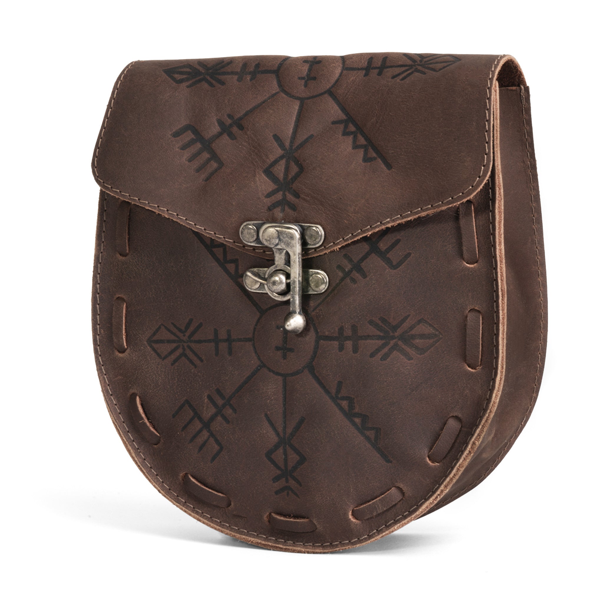 Handmade Rune Belt Pouch by Hide & Play, featuring a stunning medieval design crafted from full grain leather. This Viking waist bag comes with a secure belt loop, making it a perfect costume accessory for themed events. Each pouch is expertly made in La Antigua Guatemala, reflecting small batch production and artisan techniques like hand cutting and hand sewing.