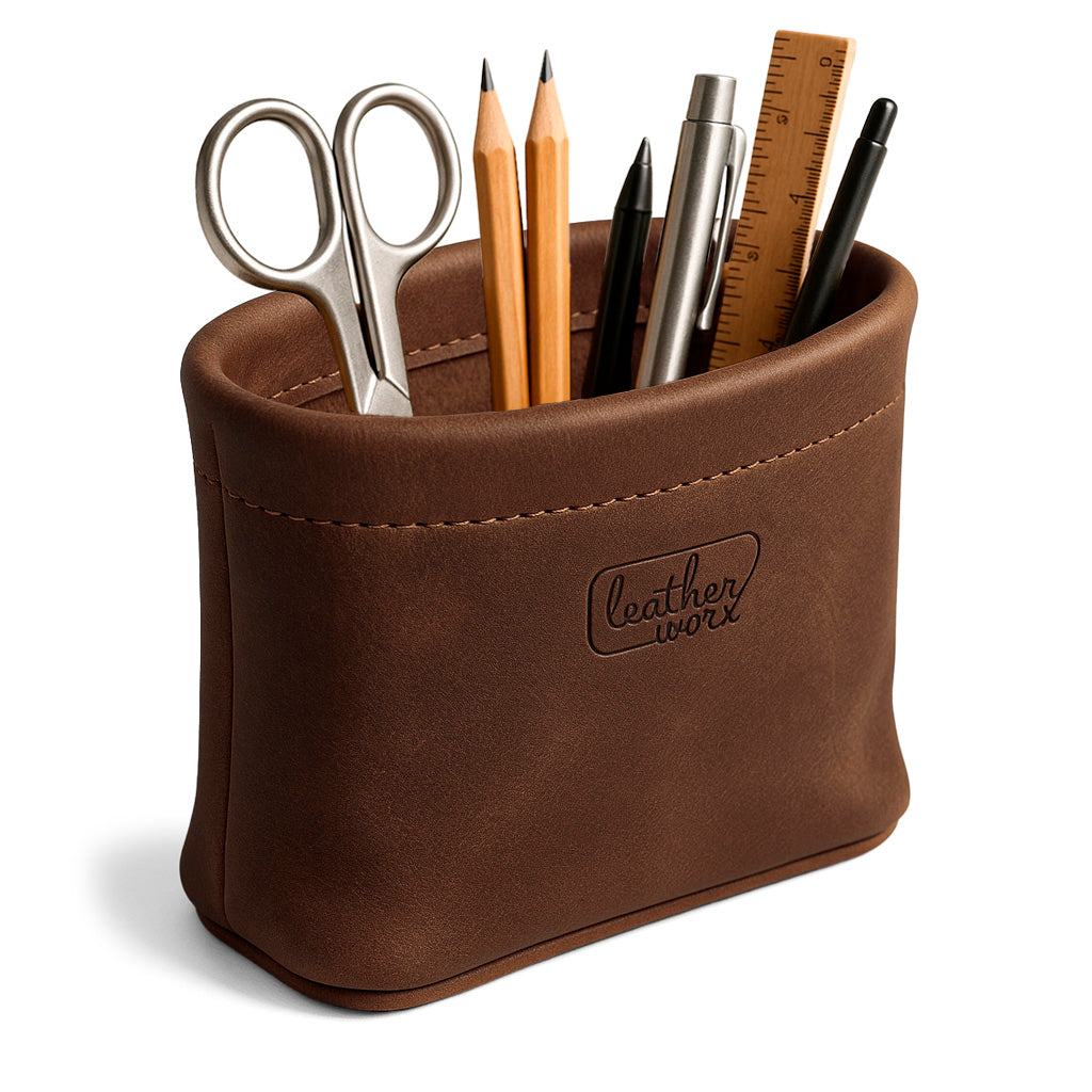 Leather Worx Desk Organizer Bag showcasing handmade craftsmanship from full grain leather, functioning as a pen holder for school and office supplies. This stylish Desk Organizer Bag is fire branded and hand sewn, celebrating small batch production and artisan quality, proudly handmade in La Antigua Guatemala & Oaxaca Mexico.