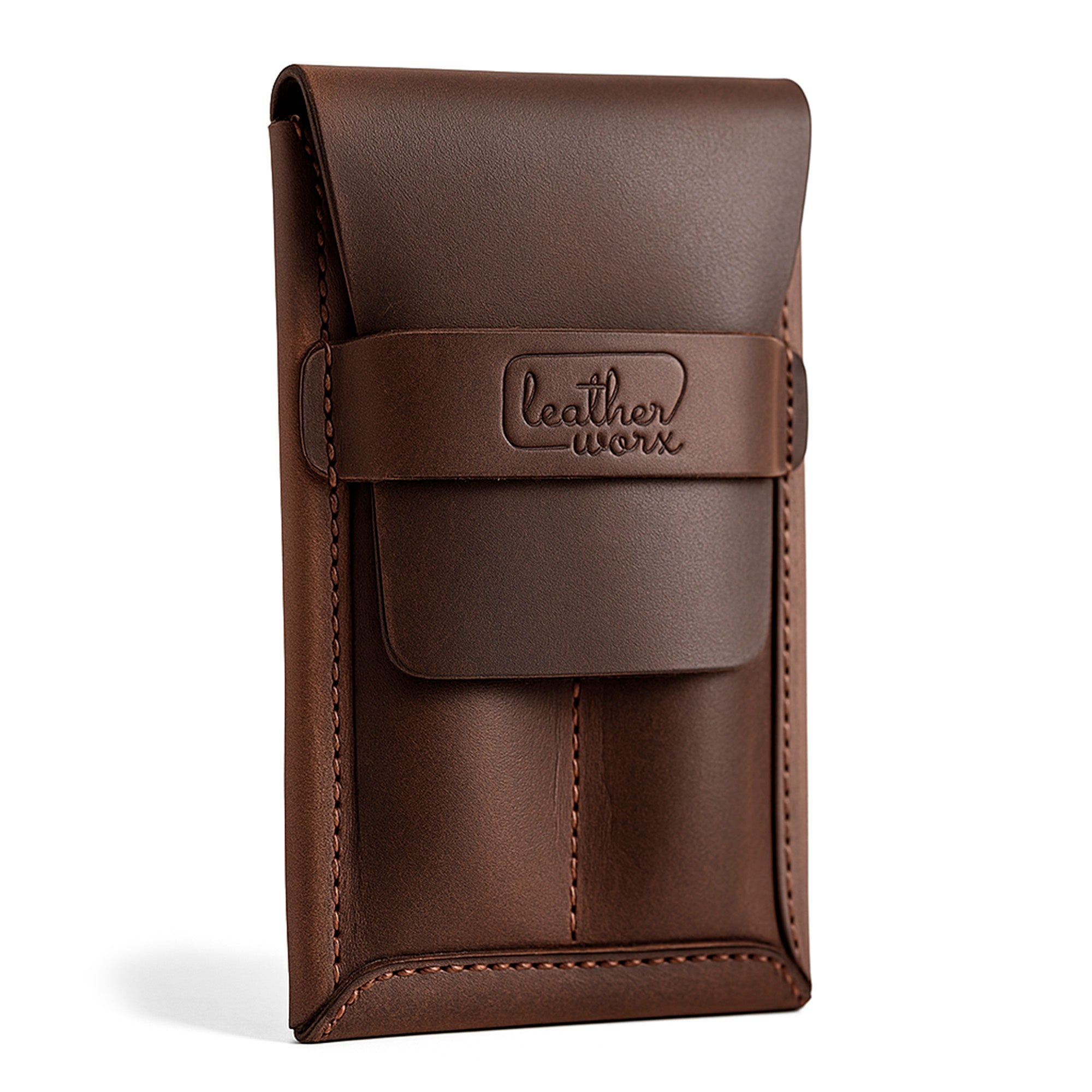 A handcrafted Double Pen Case by Leather Worx made from Full Grain Leather, showcasing small batch production techniques. This artisan piece is hand cut and hand sewn, featuring a fire branded logo. Handmade in La Antigua Guatemala and Oaxaca Mexico.